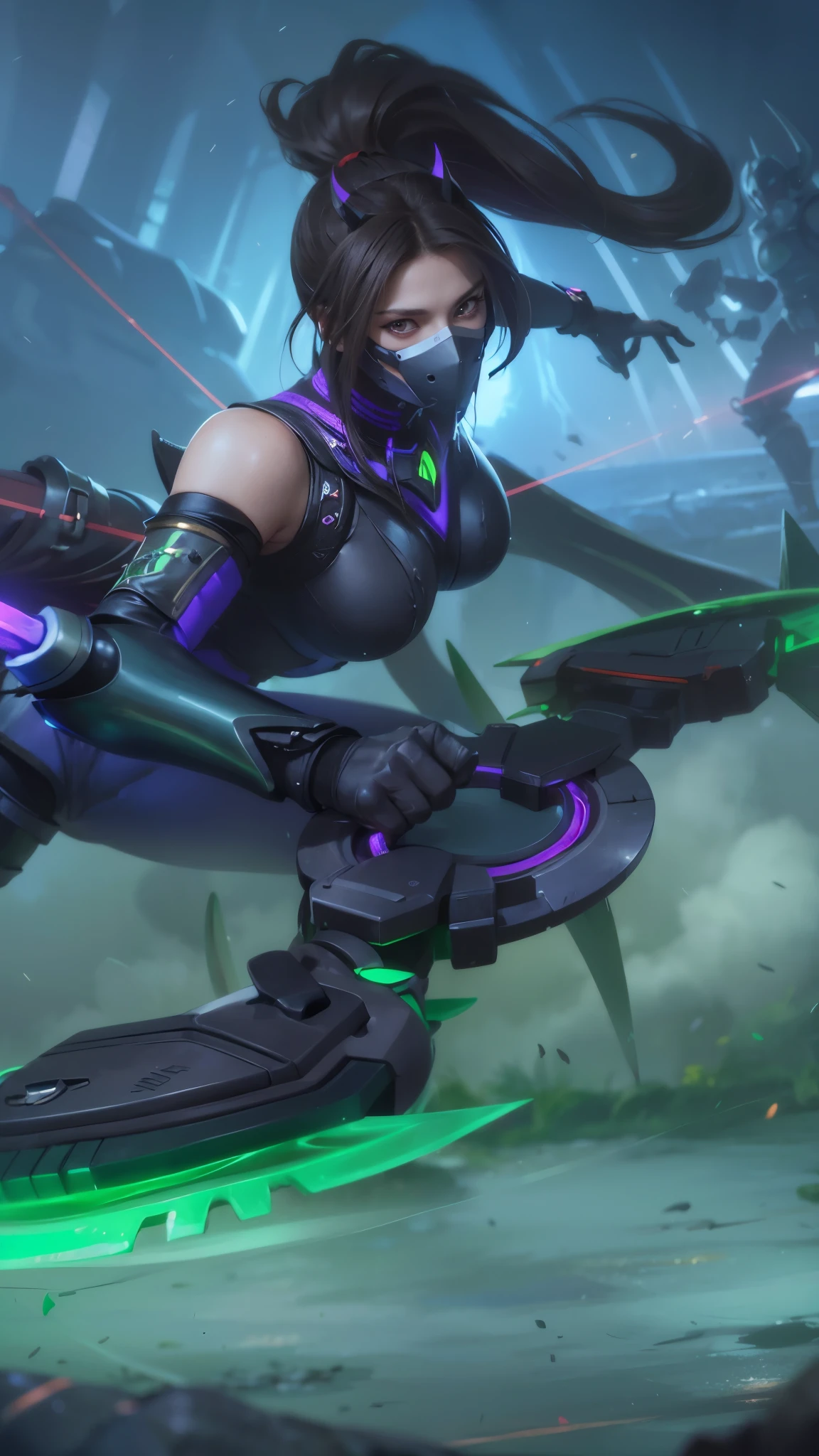 (female:1.2), 8k, ultra hd, ultra detailed texture, hyper realistic, masterpiece, detailed texture, detailed face, detailed skin, detailed lighting, (photorealistic:1.5), best quality, beautiful lighting, cinematic lighting, professional lighting, ultra highres, realistic, detailed hair, real hair, high quality, (realskin:1.5), extremely detailed, finely detail, ultra-detailed, 1girl, solo, elf, pointy ears, standing, demon horns, forehead protector, red eyes, v-shapped eyebrow, make up, pretty, beautiful, long hair, black hair, high ponytail, large breasts, cleavage, armpit, navel, stomach, black armor, pauldrons, bare shoulders, shoulder armor, thigh high, sleevless, detached sleeves, breastplate, gauntlets, hanabi \(mobile legends\), depth of field, white skin, skin tight, amazing pose, outdoors, glowing, dark view, looking at viewer (wearing a mask:1.2)