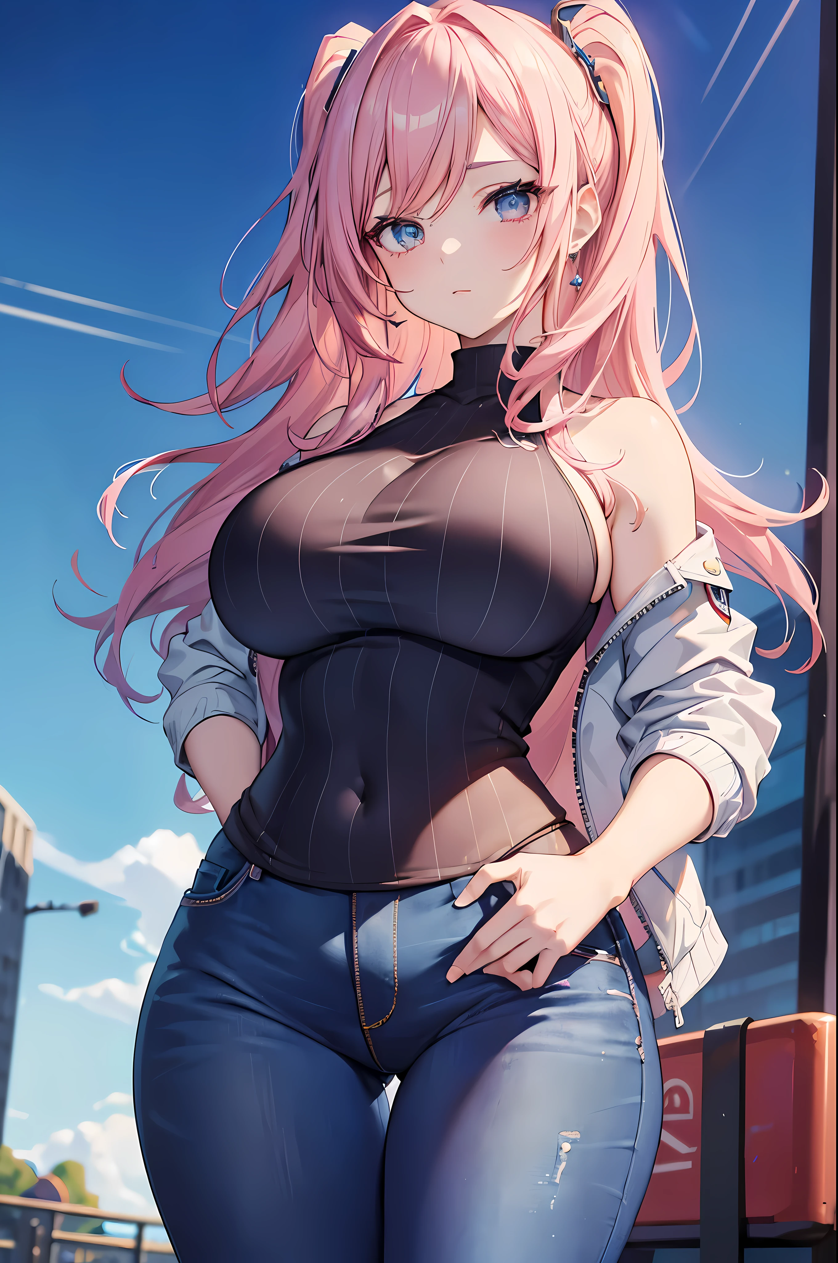((best quality)), ((masterpiece)), (busty), animation style, best quality ,alone , (milf), (big bust , wide hips:1.3),portrait, very detailed, pretty face, complete anatomy, pink hair, Perfect hair, forehead, shirt, jacket, jeans, weapon, Try it yourself , possession, blue background, fortnite,