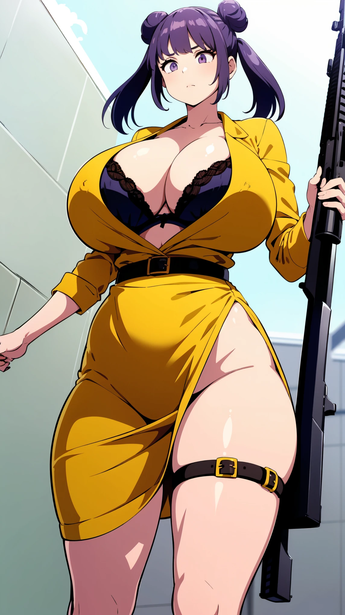 Slime girl, (slime), Slime hair Double buns hair style, Pumpkin Orange, weapon belt, Masterpiece, Best Quality, gigantic breasts, slime girl, slime girl, purple hair, lavender hair, yellow clothes, weapon belt around waistline, rifle, long rifle, AR-15 Rifle, assault rifle, exposed yellow bra, yellow clothing, wearing yellow clothing, fully body view