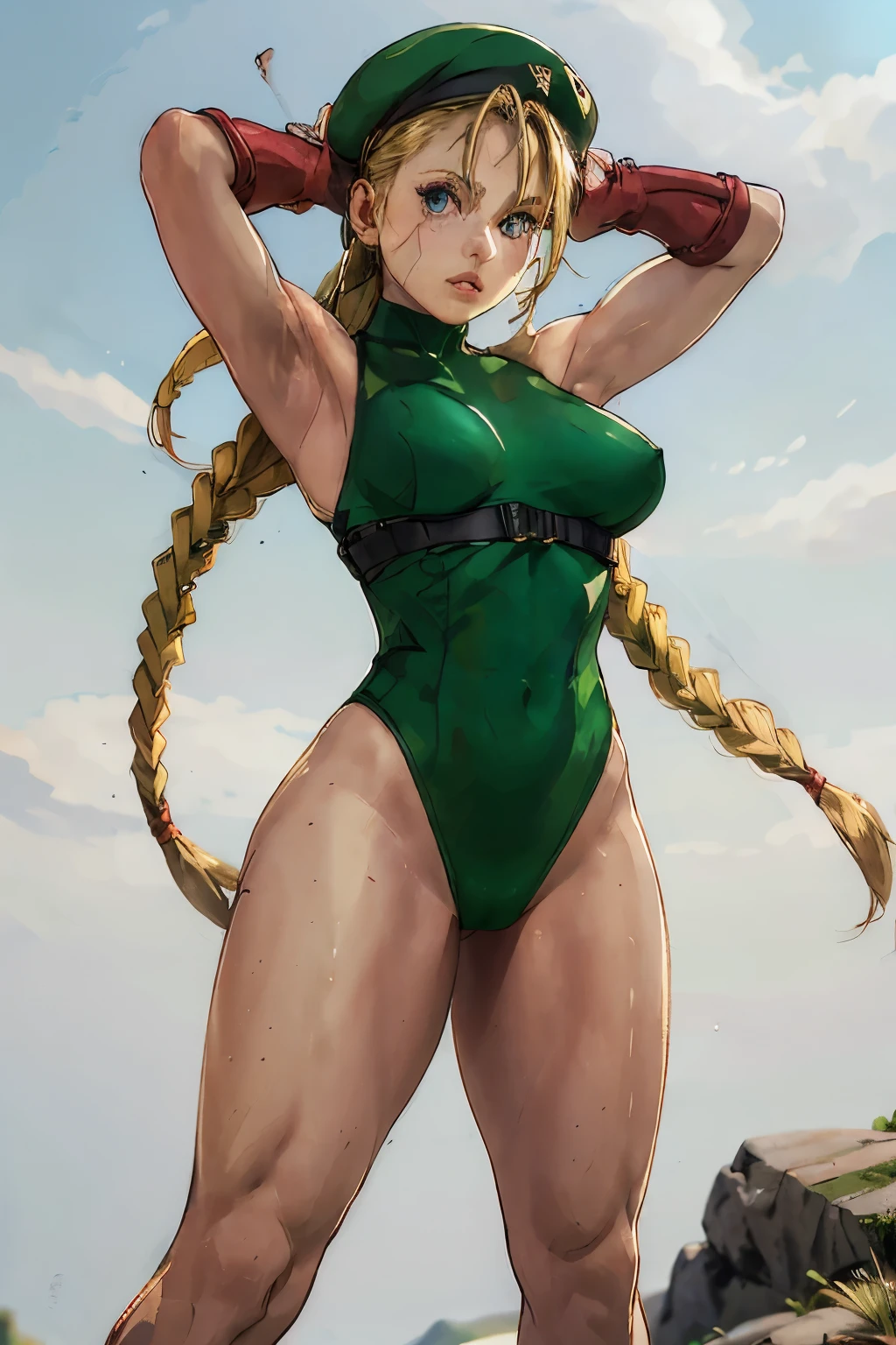 Photo of cammyst in the desert, with her long blonde hair, blue eyes, and a green leotard, standing confidently while wearing a red beret and sporting a stylish braid, looking directly at the viewer.