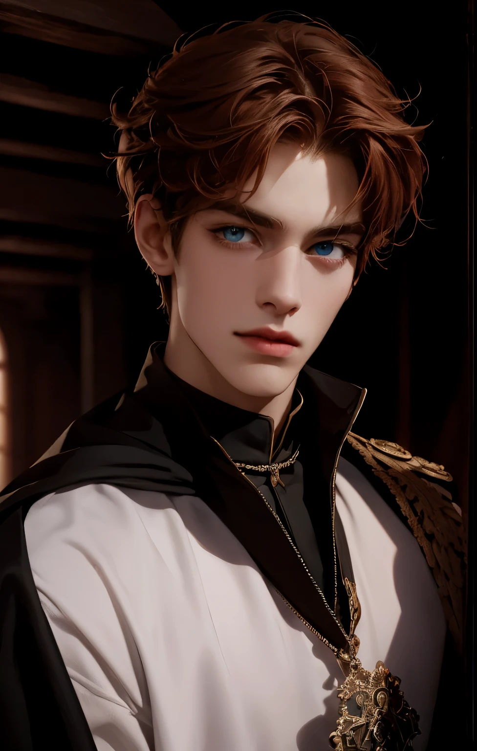 solo, prince of medieval europe, bright red short haired man, Rin々cool and handsome,  ((wearing white military uniform)), wearing a black cloak, Deep blue eyes,, Charm, Gentle eyes,  palace hall, surreal, 5 fingers, highest quality