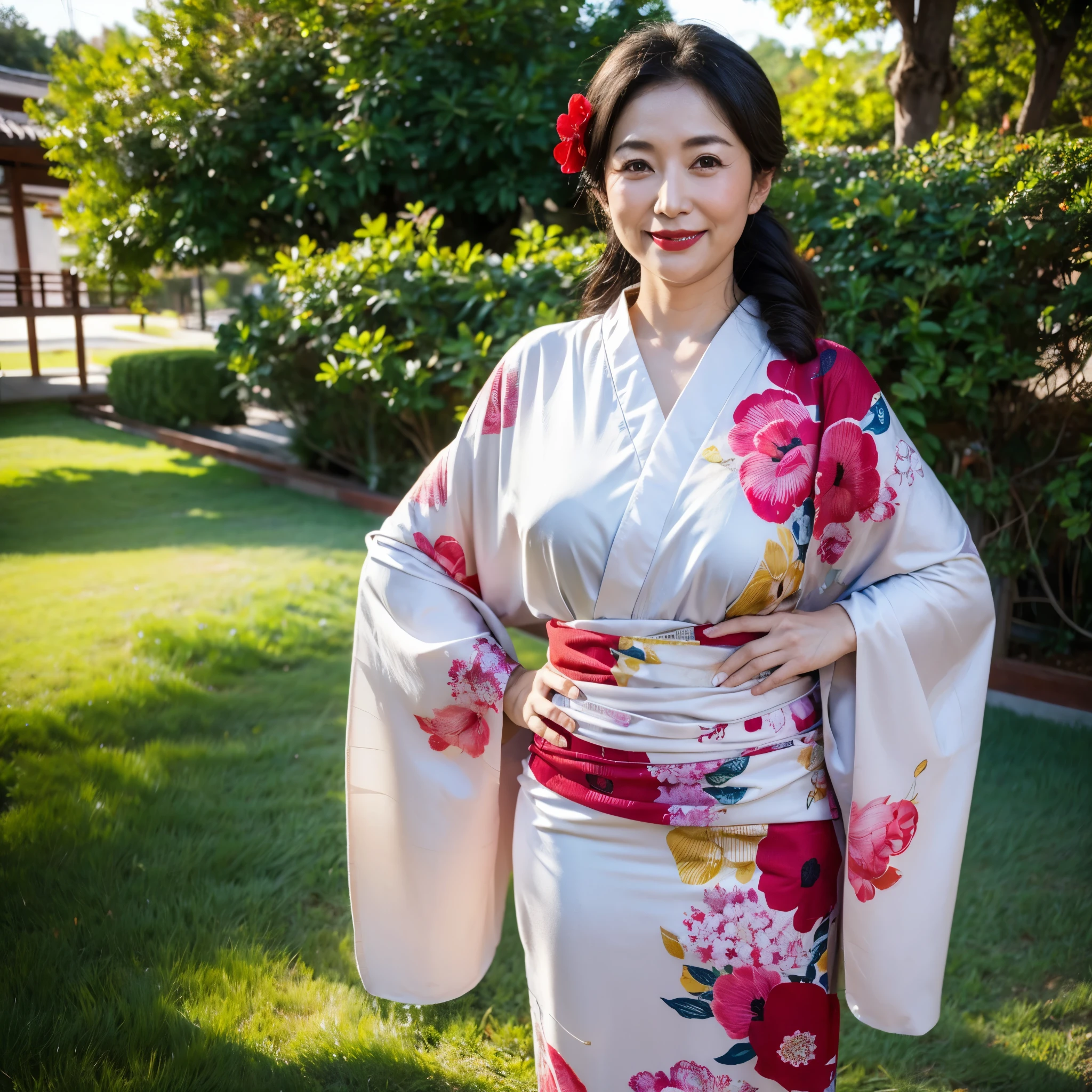 draw lips correctly, Draw the area around the eyes correctly,red lipstick, from the chest up, highest quality, Super detailed, lifelike, super fine skin, perfect anatomy, (1 日本mature的女人), (alone),Wearing Japanese kimono correctly,The type of Japanese clothing is Tomesode.,Accurately draw the area around the collar of Japanese clothes,Draw the obi accurately,long wavy hair,45 year old female,wearing large earringature,cute smile,stand on the grass,stand up,medium meat,Medium chest,Wisteria flower hair ornament,full body shot