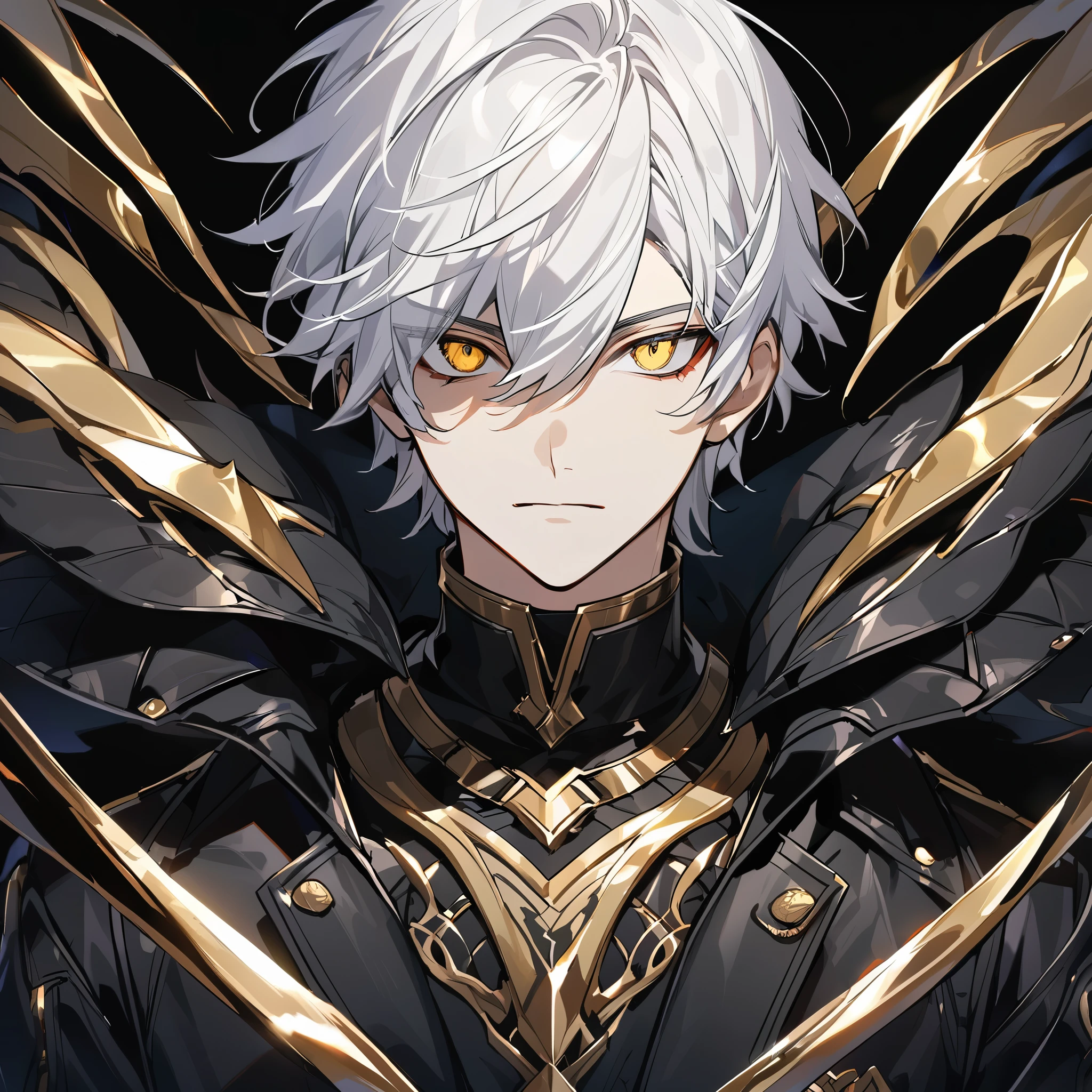 Handsome male, white male, 1male, , teenager, golden lining, short white hair, flat cut hair, sharp eyes, gold eyes, devil may cry, close up, calm expression, stoic, black leather clothes, black jacket, black gloves, upper body, looking at viewer, cowboy shot, black background, black dragon background