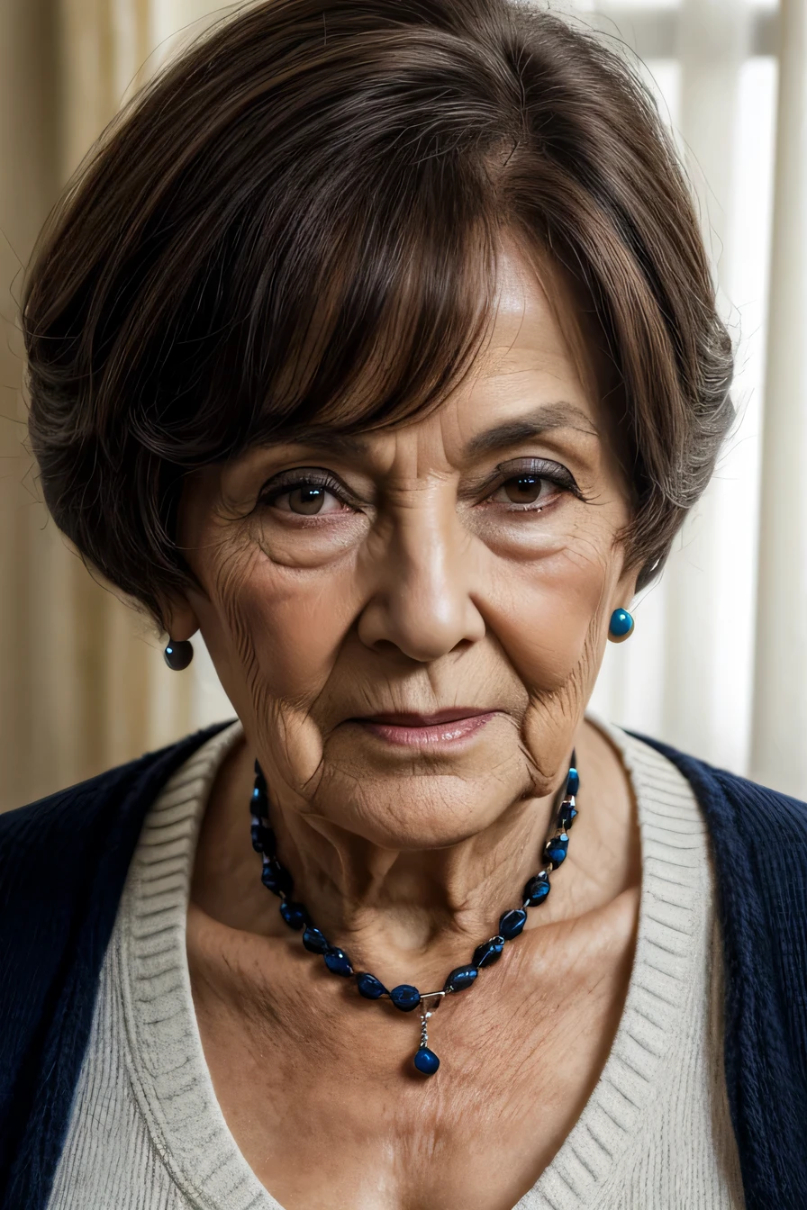 70 year old woman, pale skin, tetas caidas, sujetador y bragas de color ?????, pelo rubio corto, ojos marrones, cejas marrones, lapiz de labios rojo, cuello, pendientes, sentada sobre la cama con las piernas abiertas, mirando hacia mi