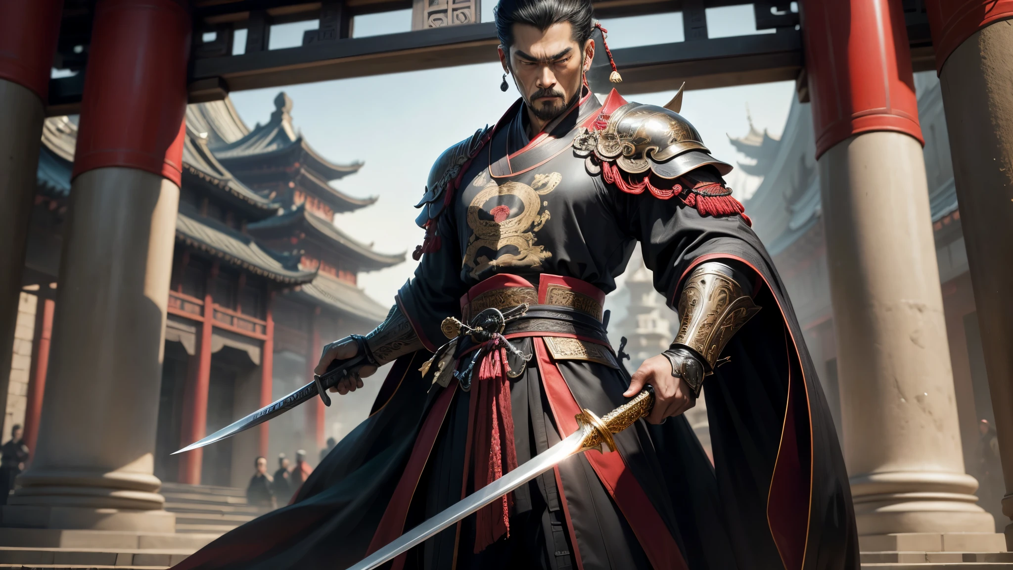 best quality, ultra high resolution,masterpiece, (reality,detail,close up)an oriental man,Serious expression,Wearing black ancient Chinese costume,Sword in hand,Standing outside the city gate