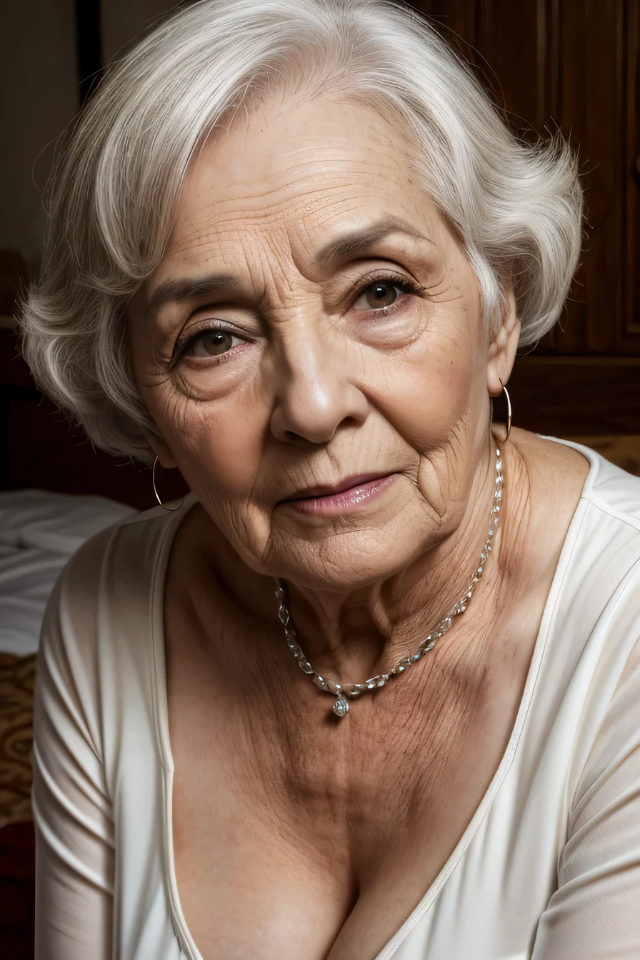 65 year old woman, pale skin, tetas caidas, sujetador y bragas de color negro, pelo rubio corto, ojos marrones, cejas marrones, lapiz de labios rojo, cuello, pendientes, sentada sobre la cama con las piernas abiertas, mirando hacia mi