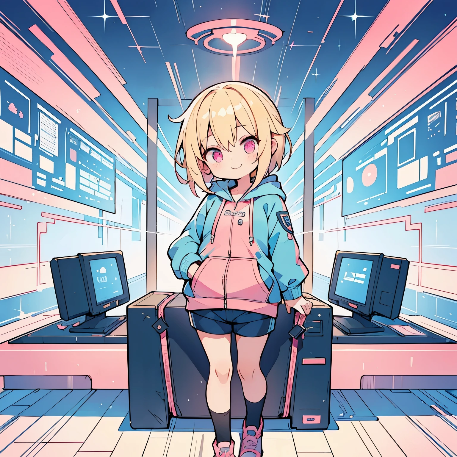 (blonde girl with short cut),(((blue zip hoodie))),(((Pink inner))),(black hot pants),pink eyes,open your mouth, A sluggish smile, Full body Esbian,(Little),((((solo))),(Highest image quality, In 8K, masterpiece, super detail),