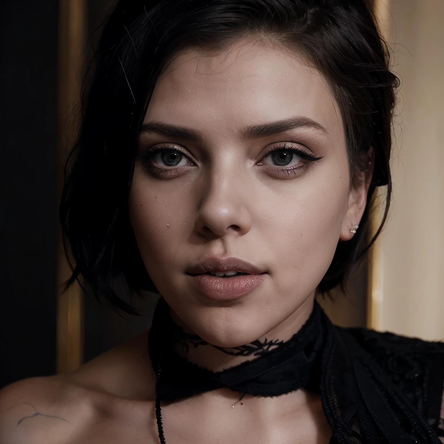 Scarlett Johansson wearing goth makeup fully naked