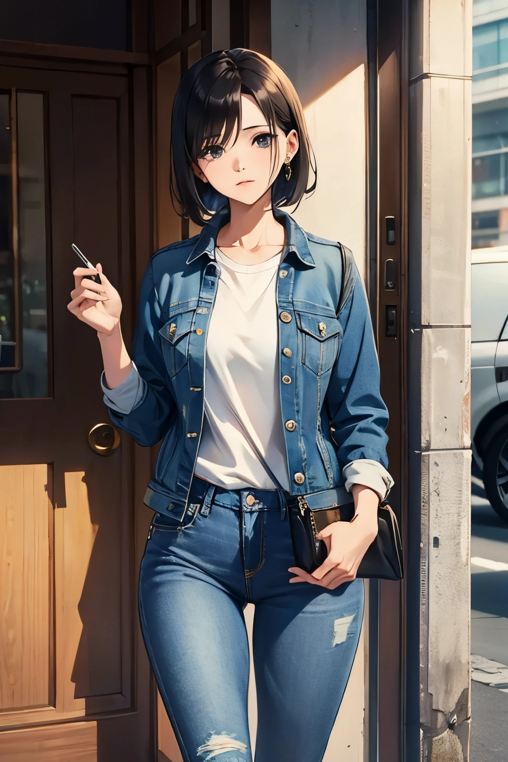beautiful mature woman、skinny jeans、innocent look、Jacket