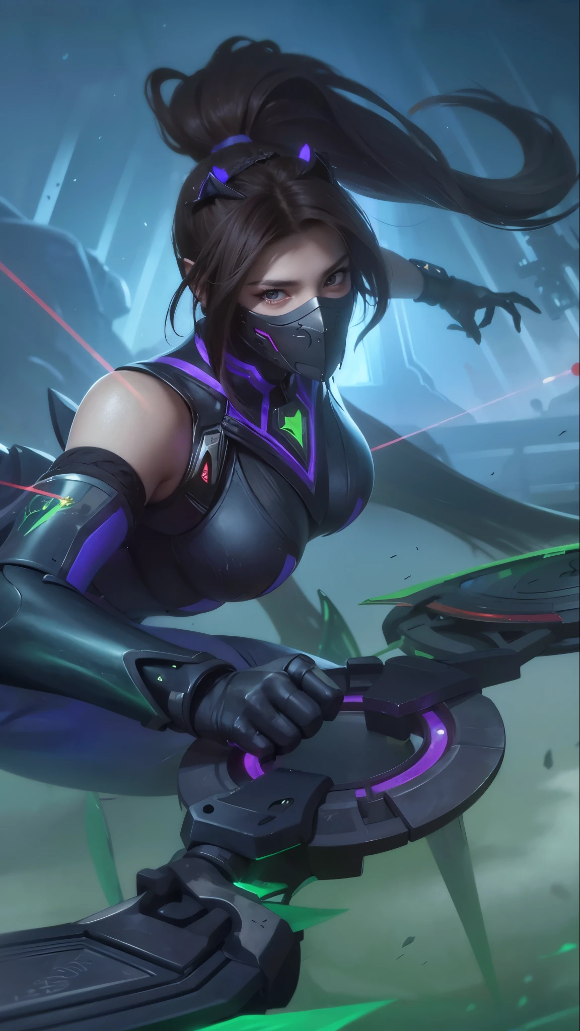 (female:1.2), 8k, ultra hd, ultra detailed texture, hyper realistic, masterpiece, detailed texture, detailed face, detailed skin, detailed lighting, (photorealistic:1.5), best quality, beautiful lighting, cinematic lighting, professional lighting, ultra highres, realistic, detailed hair, real hair, high quality, (realskin:1.5), extremely detailed, finely detail, ultra-detailed, 1girl, solo, elf, pointy ears, standing, demon horns, forehead protector, red eyes, v-shapped eyebrow, make up, pretty, beautiful, long hair, black hair, high ponytail, large , cleavagt, navel, stomach, black armor, pauldrons, bare shoulders, shoulder armor, thigh high, sleevless, detached sleeves, breastplate, gas, hanabi \(mobile legends\), depth of field, white skin, skin tight, amazing pose, outdoors, glowing, dark view, looking at viewer (wearing a mask:1.2)
