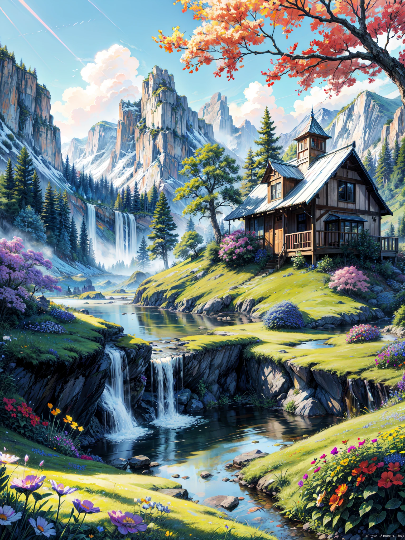 painting of a mountain garden paradise, beautiful scenery,bushes, ((colorful flowers:1.2)), sunlight over grass and flowers, dew, ((glistening look)), ((blue)) color stream water,waterwheel,dusk,waterfall,4k hd, cloud,beautiful art uhd 4 k, a beautiful artwork illustration, beautiful digital painting, highly detailed digital painting, beautiful digital artwork, detailed painting 4 k, very detailed digital painting, rich picturesque colors, gorgeous digital painting
