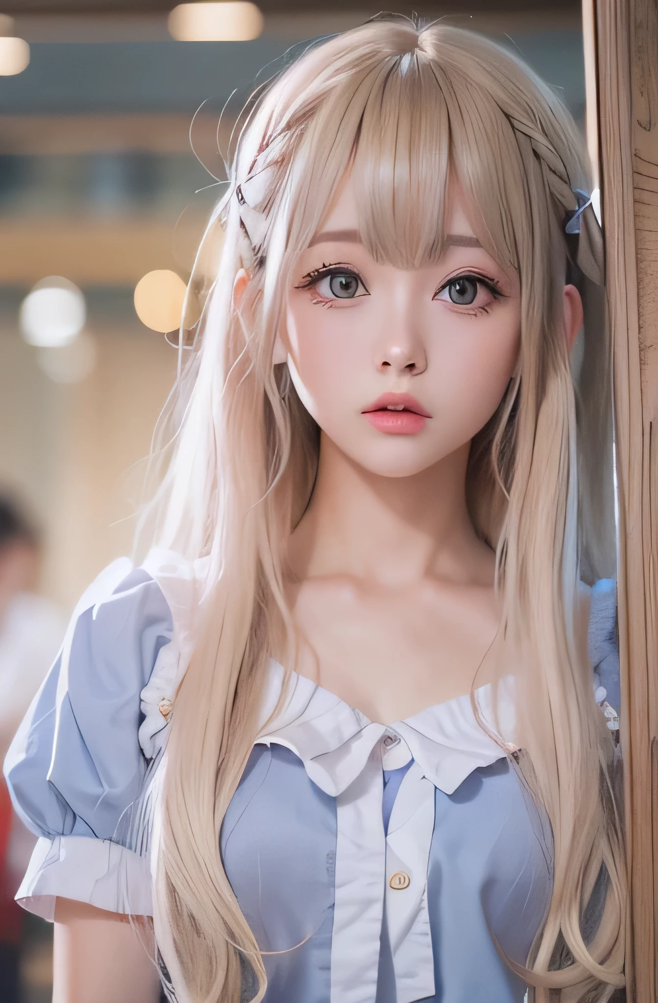 bright look、photorealism、highest quality、超A high resolution、photograph、最も美しい北欧の女の子のphotograph、cute and beautiful face details、(face to face with the children_v1:0.008)、美しいbangs、alice in wonderland、18-year-old、radiant white skin、hair sticks to face、顔まで伸びるbangs、bangs、hair between eyes、super long hair、Attractive bright natural blonde super long straight silky hair、thin hair、Charming and shining beautiful bright and clear light blue big eyes、school uniform、school uniform、double eyelid、plump breasts、O cup 、big breasts、big breasts