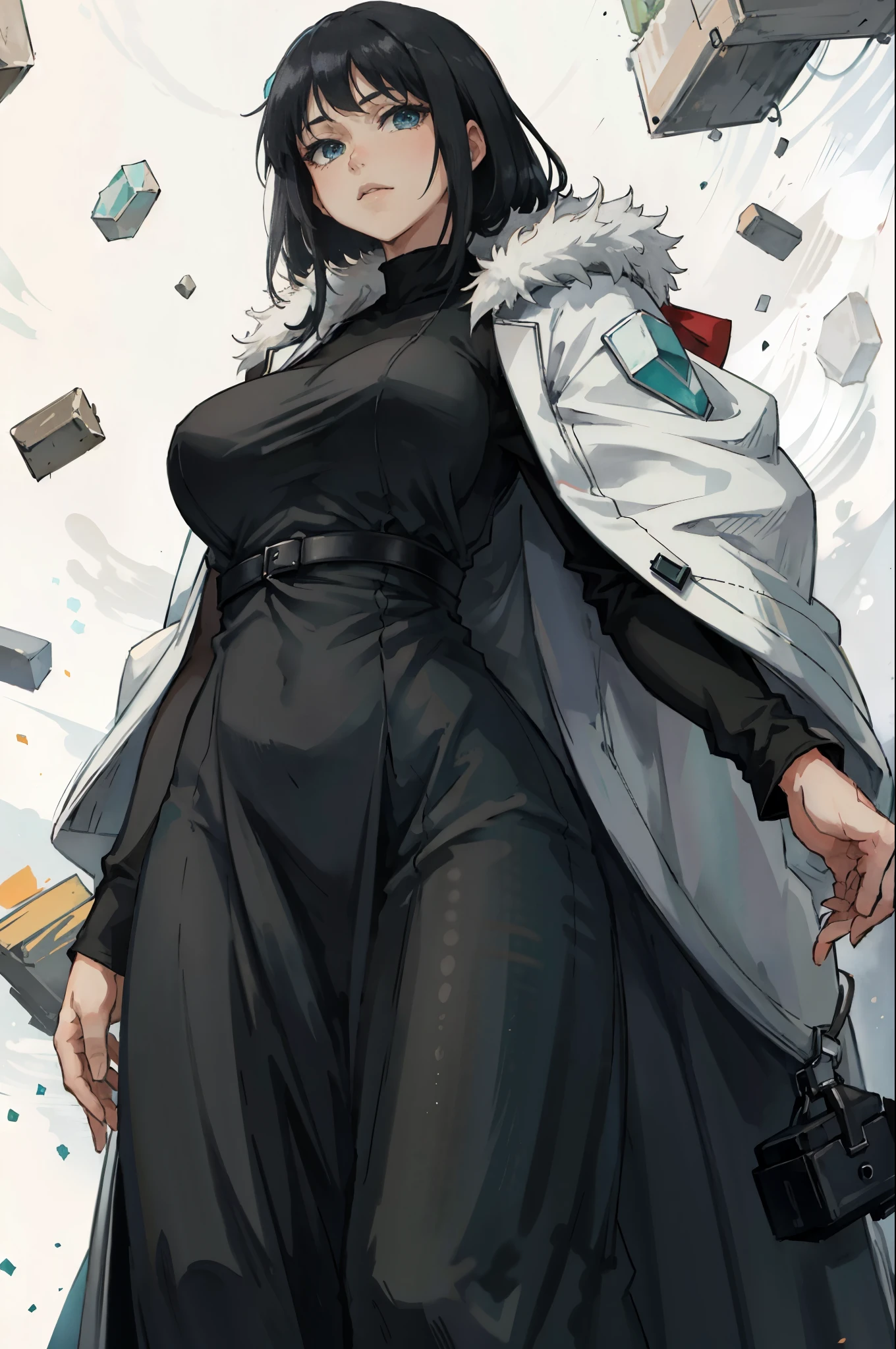 Beautiful character in a black dress with a fur coat and a white cape, fubuki, hinata hyuga, black - haired mage.realistic