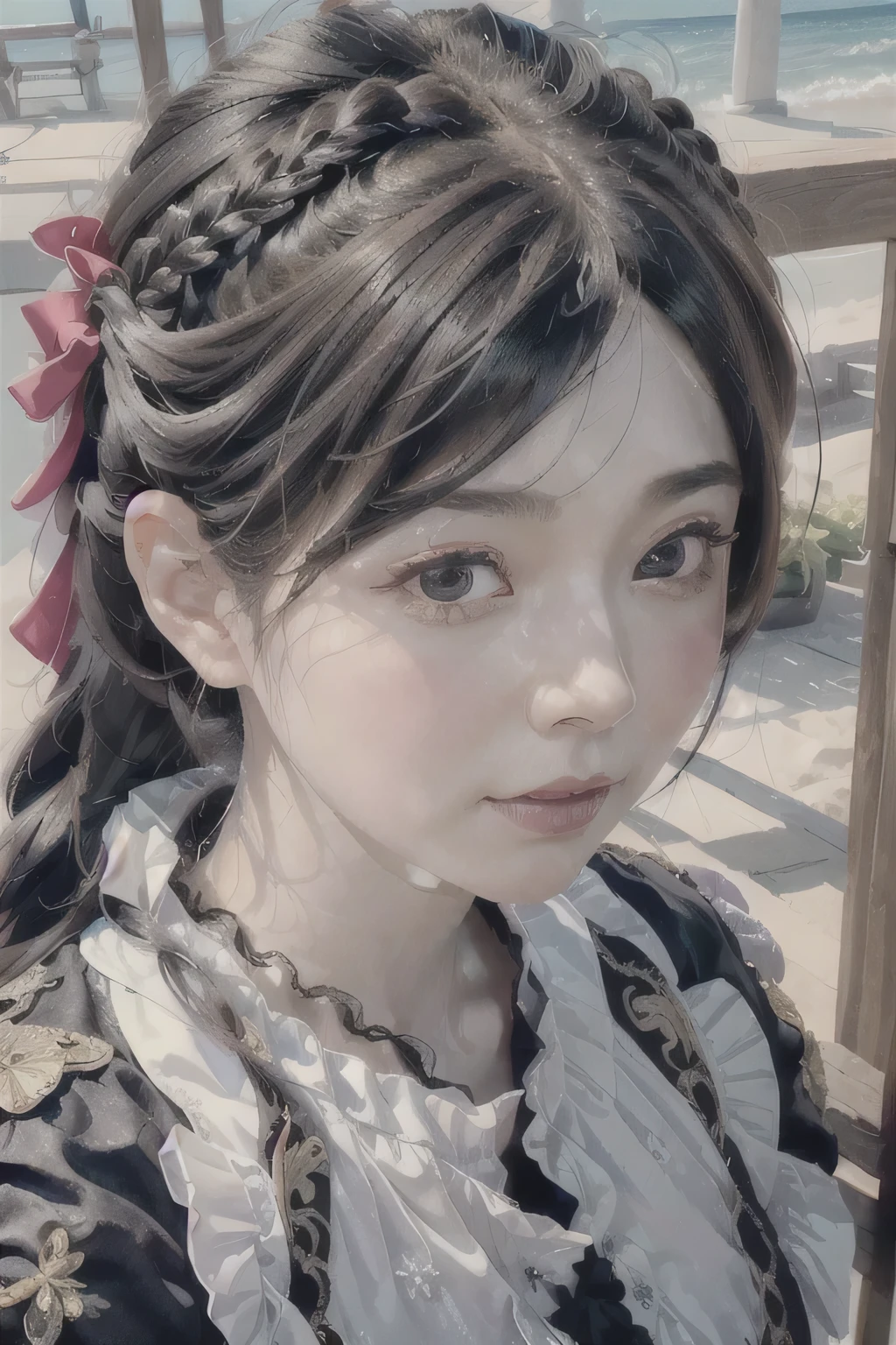 highest quality, ultra nothing, realistic, beautiful woman pictures, Teens in their 30s, detailed face, black messy fishtail braid, (elaborate porcelain dolls,Delicate clothes with lots of frills and ribbons), beach, (close up face), attractive appearance, looking at the viewer
