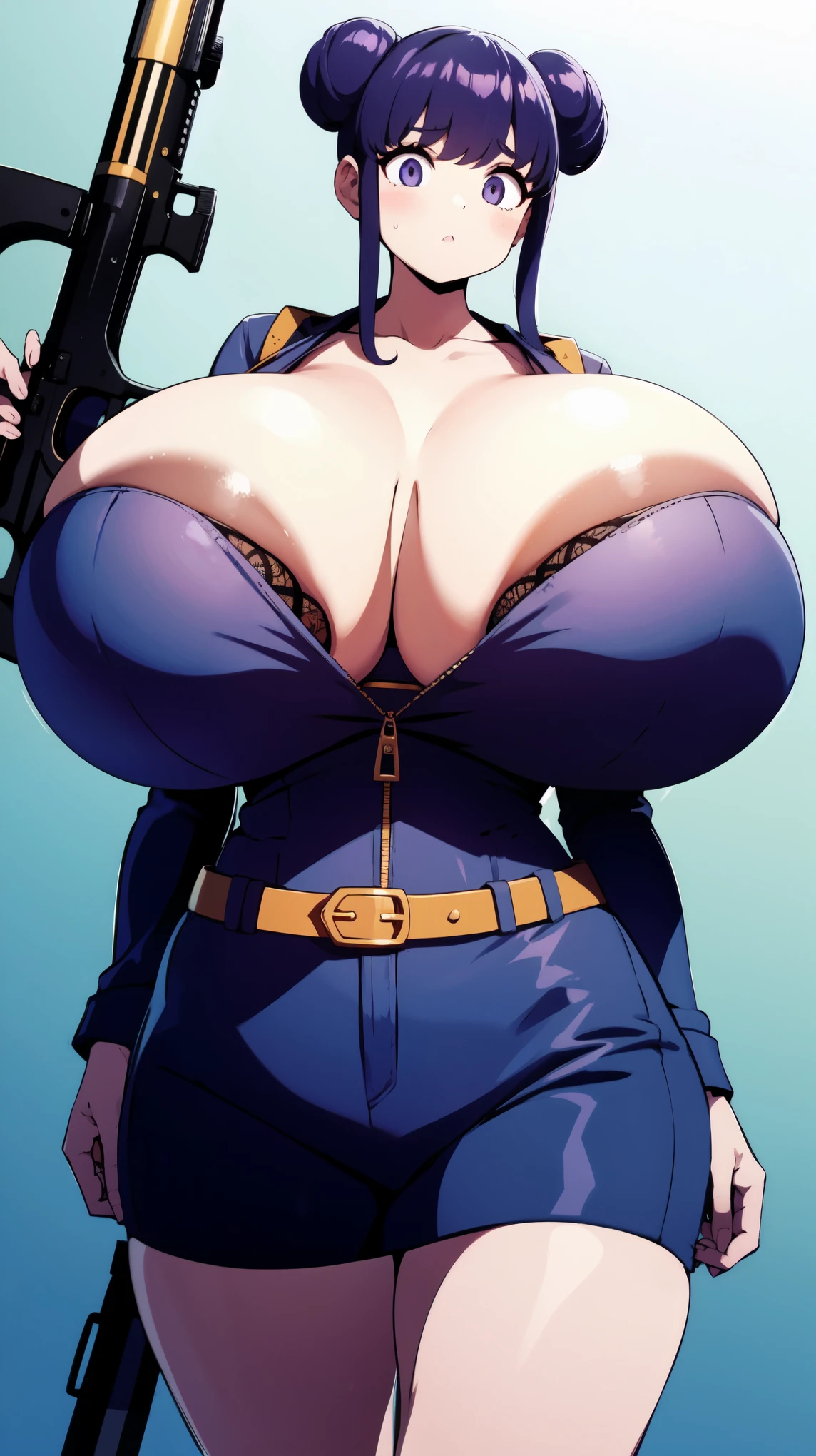 Slime girl, (slime), Slime hair Double buns hair style, Pumpkin Orange, weapon belt, Masterpiece, Best Quality, gigantic breasts, slime girl, slime girl, purple hair, lavender hair, yellow clothes, weapon belt around waistline, rifle, long rifle, AR-15 Rifle, assault rifle, exposed yellow bra, yellow clothing, wearing yellow clothing, fully body view