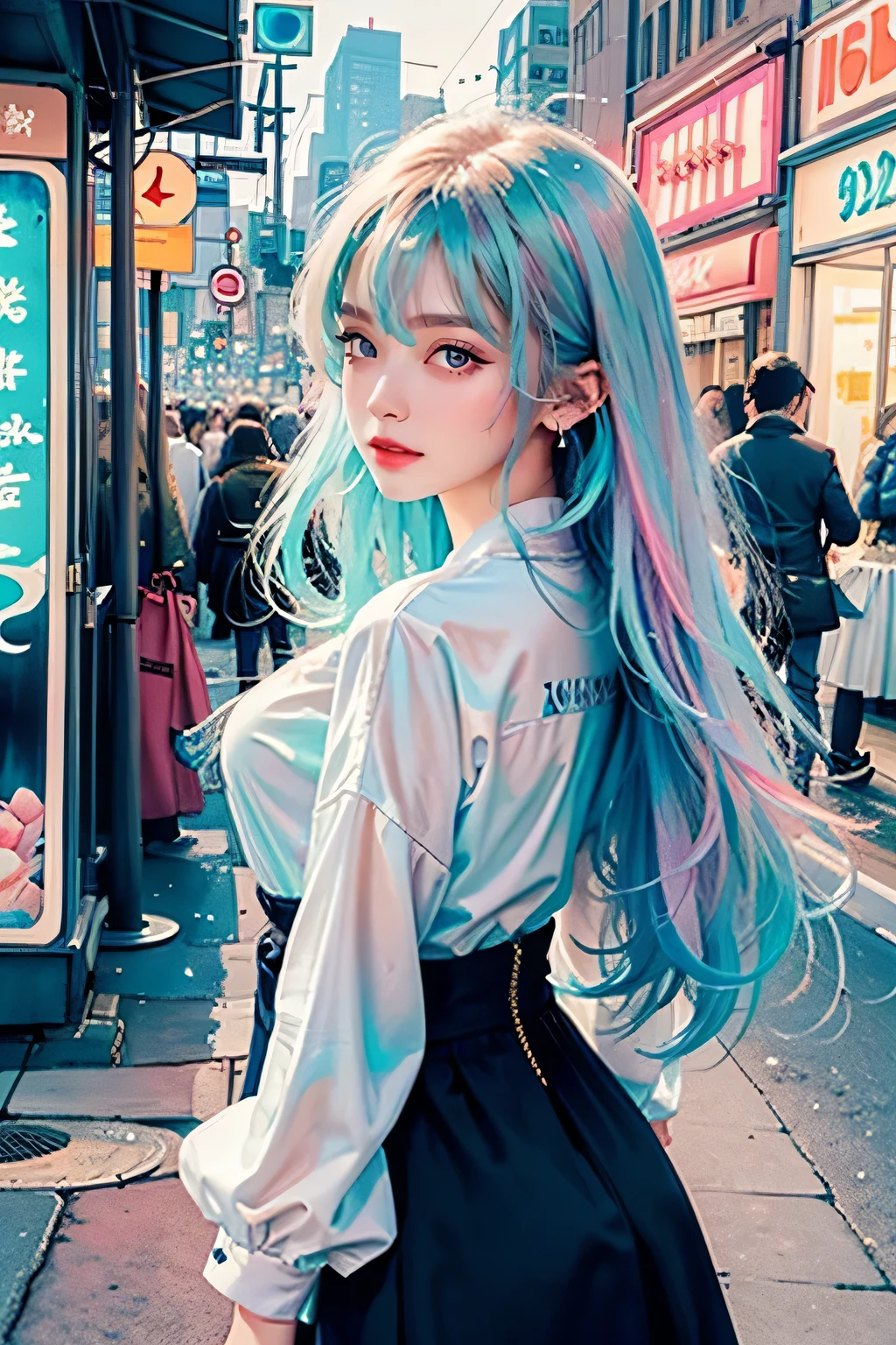 the city that never sleeps、Watercolor Touch、(a woman:1.2) , luminous design, pastel colours, ink drips, spring lights,Artistic,azure, red