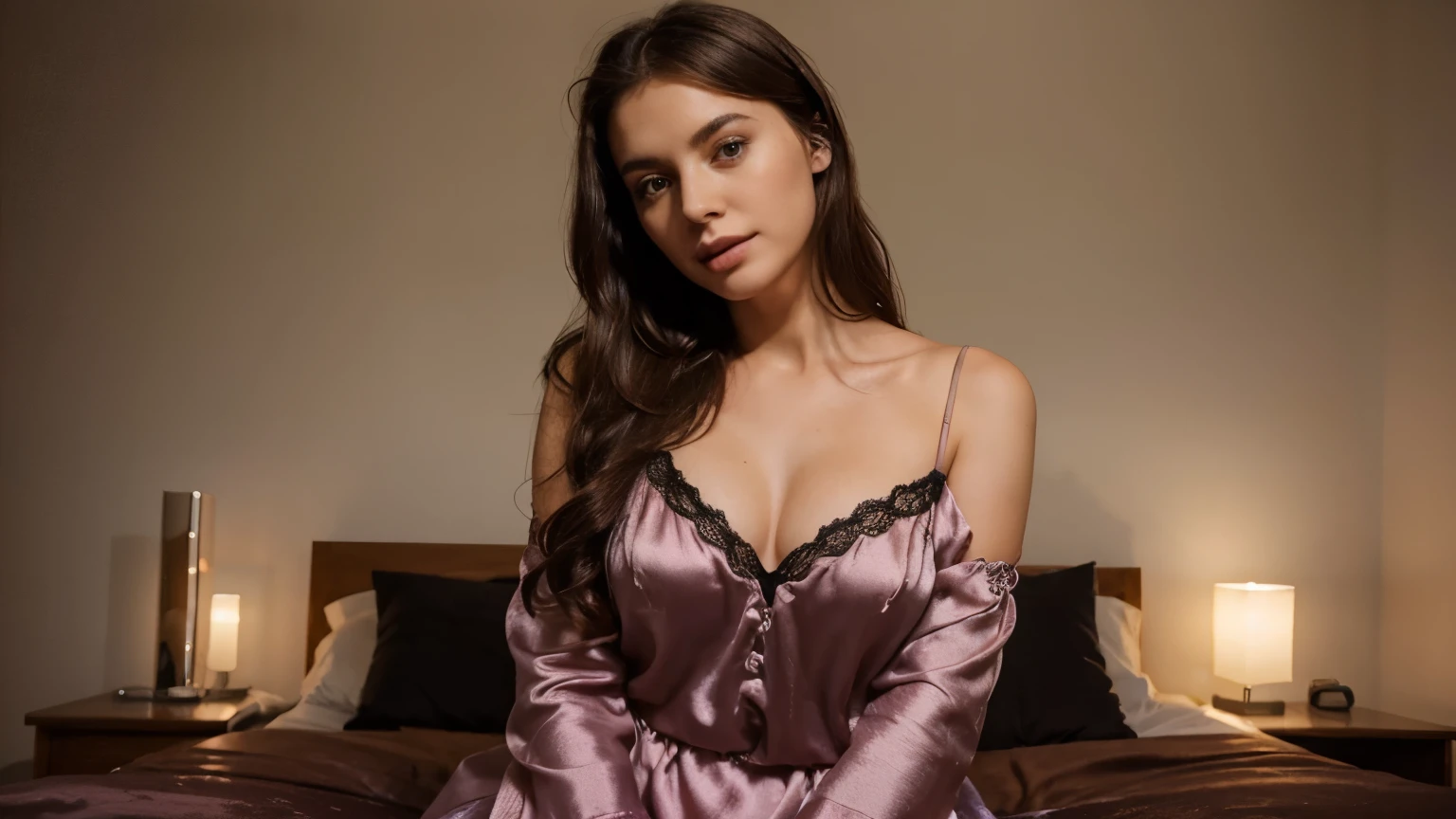 woman portrait in silky night gown, sitting straight, waist to head shot, looking camera