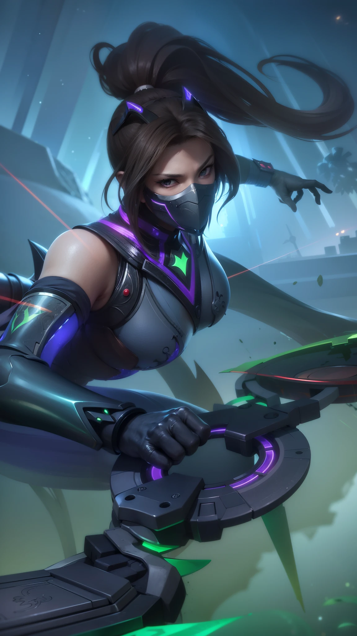 (female:1.2), 8k, ultra hd, ultra detailed texture, hyper realistic, masterpiece, detailed texture, detailed face, detailed skin, detailed lighting, (photorealistic:1.5), best quality, beautiful lighting, cinematic lighting, professional lighting, ultra highres, realistic, detailed hair, real hair, high quality, (realskin:1.5), extremely detailed, finely detail, ultra-detailed, 1girl, solo, elf, pointy ears, standing, demon horns, forehead protector, red eyes, v-shapped eyebrow, make up, pretty, beautiful, long hair, black hair, high ponytail, large breasts, cleavage, armpit, navel, stomach, black armor, pauldrons, bare shoulders, shoulder armor, thigh high, sleevless, detached sleeves, breastplate, gauntlets, hanabi \(mobile legends\), depth of field, white skin, skin tight, amazing pose, outdoors, glowing, dark view, looking at viewer (wearing a mask:1.2)
