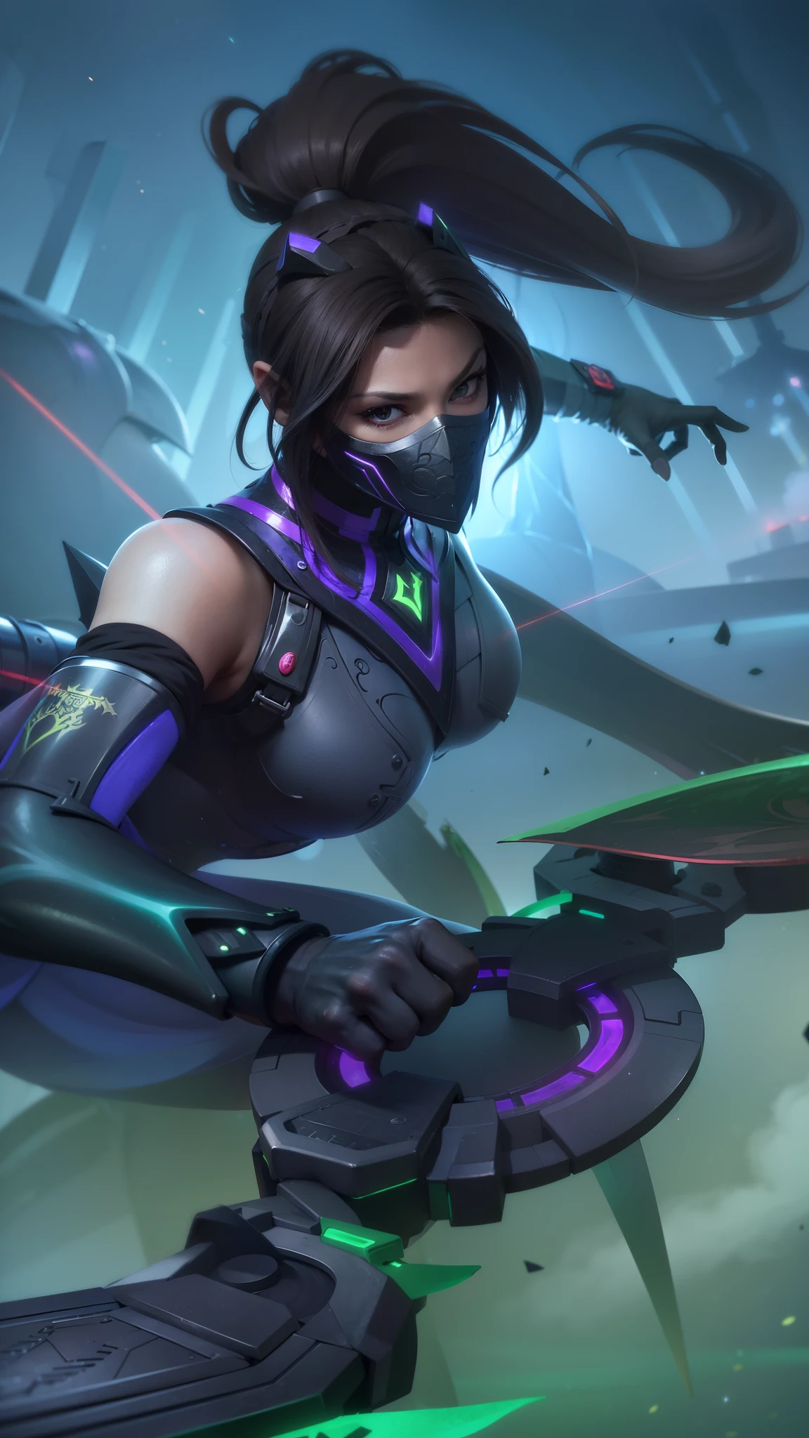 (female:1.2), 8k, ultra hd, ultra detailed texture, hyper realistic, masterpiece, detailed texture, detailed face, detailed skin, detailed lighting, (photorealistic:1.5), best quality, beautiful lighting, cinematic lighting, professional lighting, ultra highres, realistic, detailed hair, real hair, high quality, (realskin:1.5), extremely detailed, finely detail, ultra-detailed, 1girl, solo, elf, pointy ears, standing, demon horns, forehead protector, red eyes, v-shapped eyebrow, make up, pretty, beautiful, long hair, black hair, high ponytail, large breasts, cleavage, armpit, navel, stomach, black armor, pauldrons, bare shoulders, shoulder armor, thigh high, sleevless, detached sleeves, breastplate, gauntlets, hanabi \(mobile legends\), depth of field, white skin, skin tight, amazing pose, outdoors, glowing, dark view, looking at viewer (wearing a mask:1.2)