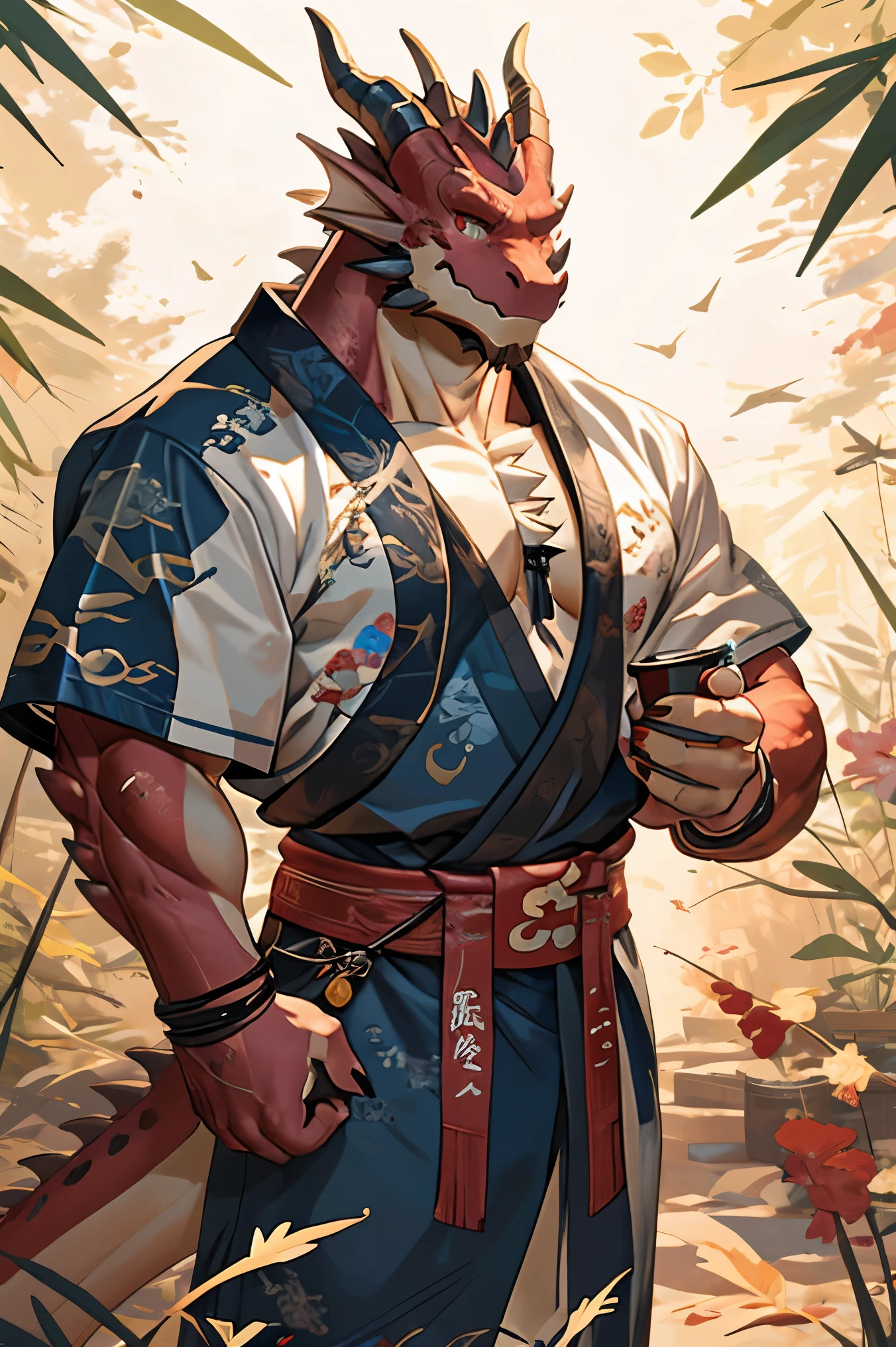 dragon clan，Deep red scales，very robust，Wearing Chinese Hanfu，Strong chest muscles，Strong thigh muscles，Handsome，facing the camera，Hand holding a bamboo tube