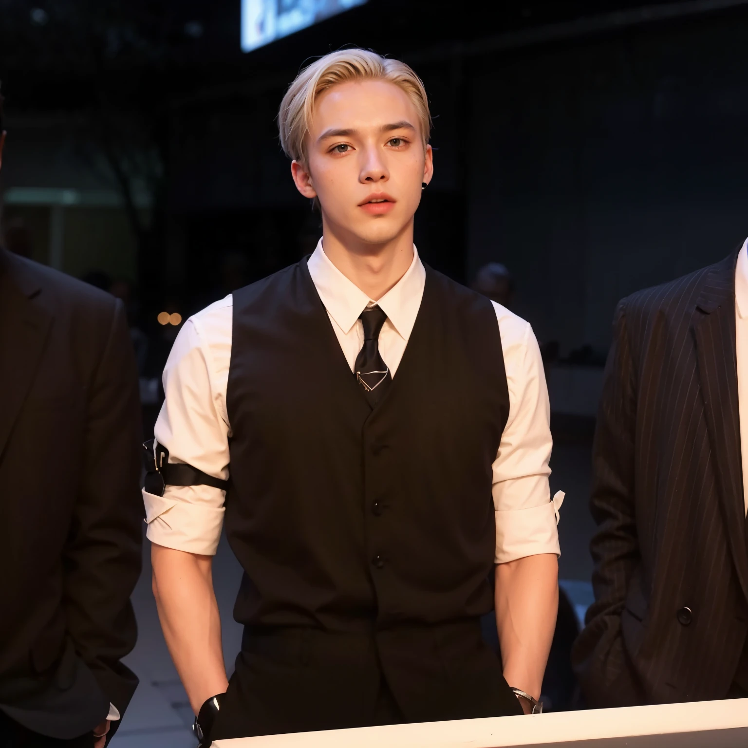 three men in suits and ties behind a podium, Cai Xukun, vestindo um colete e uma gravata, parecido com malfoy, muito bonito, jia, he is wearing a suit, extremamente bonito, em um terno preto, taken at the beginning of 2020, bem vestida, suave em _ o fundo, menacing look, com ombreiras