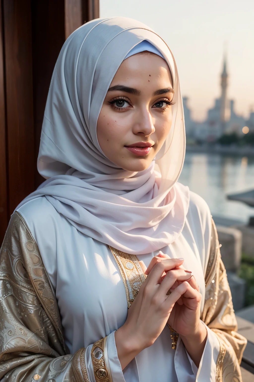 RAW, Best quality, high resolution, Masterpiece: 16k), beautiful Muslim woman in hijab during Ramadan Kareem (iu:1.0),Best quality, high resolution, Masterpiece: 16k, Beautiful Ramadan Muslim woman, Masterpiece, Soft smile, Realistic, 1girl, Charming eyes, Glowing eyes, Parted lips, Full figure, Aesthetics of the female body, Festive attire, Traditional clothing, Beautiful hijab, Detailed accessories, Intricate embroidery, Serene expression, Delicate hands, Prayer beads in hand, Nourishing date in the other hand, Calm and peaceful setting