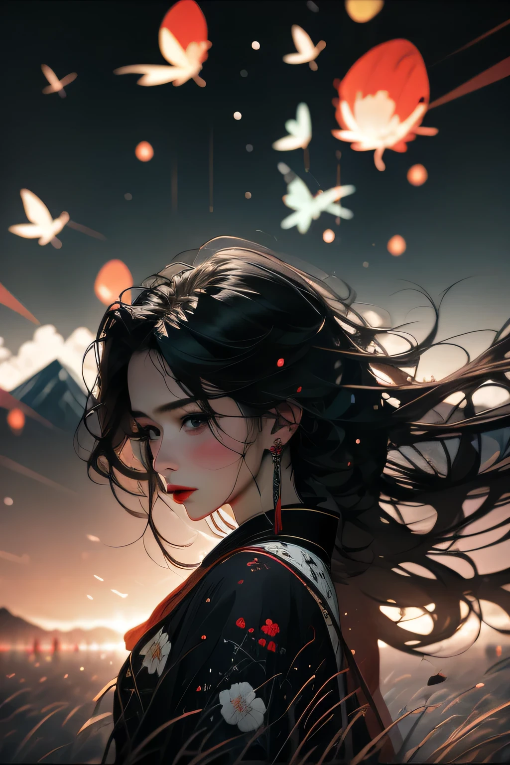a woman, 1girl, solo,ultra-detailed,pantyhose, perfect face,pink、mountains、near future、cyber-、sea of clouds、Asahi、hope、grow、(1 female:1.2),Giant Swing、Fly over the mountains,)desolation,dynamic angle, [(Art book: Art book: Art book. Art book.:0.8)|Art by Lyubov Popova], octane render, unity 8k wallpaper, Super detailed, beautiful and aesthetic, Extremely detailed, dynamic angle, the most beautiful form of chaos,elegant, Designed by brutalists, Bright colors, romanticism, james jean, robbie dowi antono, Los Tran, francis bacon, Michal Mraz, Adrian Genie, Petra Cortright, Gerhard Richter, Takato Yamamoto, ashley wood, Atmospheric, ??????? of notes,long shot, beautiful background,shirt,skirt,chinese ink touch、spring colors,artistic painting