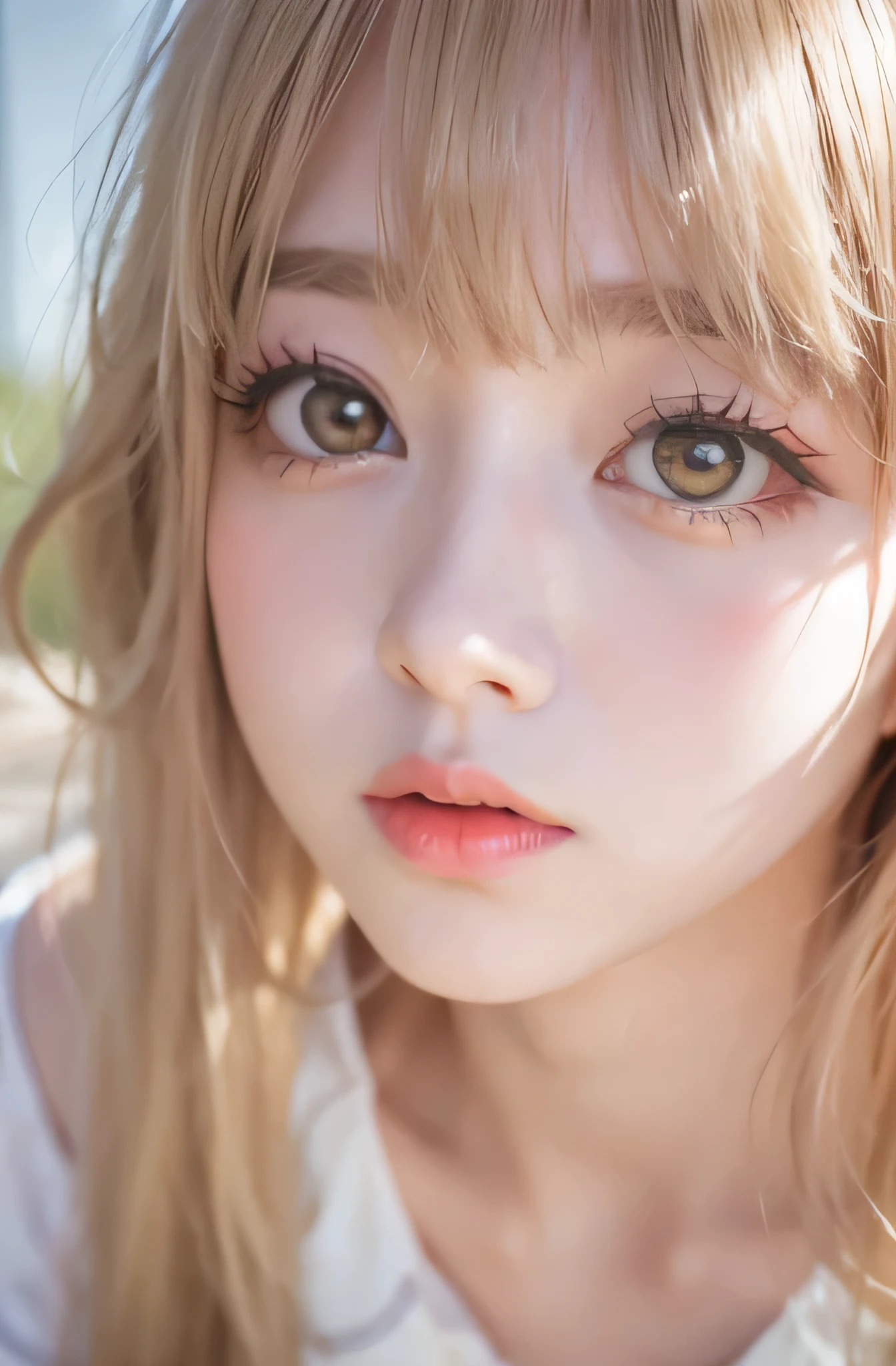 bright look、photorealism、highest quality、超A high resolution、photograph、最も美しい北欧の女の子のphotograph、cute and beautiful face details、(face to face with the children_v1:0.008)、美しいbangs、alice in wonderland、18-year-old、radiant white skin、hair sticks to face、顔まで伸びるbangs、bangs、hair between eyes、super long hair、Attractive bright natural blonde super long straight silky hair、thin hair、Charming and shining beautiful bright and clear light blue big eyes、school uniform、school uniform、double eyelid、plump breasts、O cup 、big breasts、big breasts