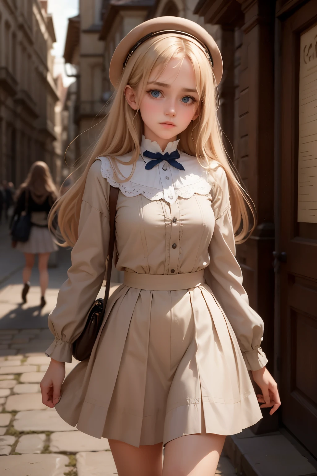 Virginia Otis, 15 years old (blond hair, blue eyes), thin, cute face, walks at night in Canterville Castle (inspired by the novel The Canterville Ghost). aged 1887, Victorian dark fantasy

