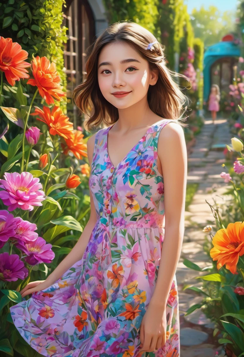 A cute girl with open legs, beautiful detailed eyes, and lips, wearing a colorful dress, standing in a vibrant garden with blooming flowers. The girl has a joyful expression on her face, and her long eyelashes add to her charm. The scene is captured in a vivid and realistic art style, resembling a high-resolution photograph. The colors are vibrant and the lighting is natural, creating a warm and inviting atmosphere. The image quality is of the highest standard, with ultra-detailed features and sharp focus. The girl's pose and the composition emphasize her innocence and playfulness. The overall artwork exudes a sense of happiness and brings out the beauty of the girl in a charming and delightful way.