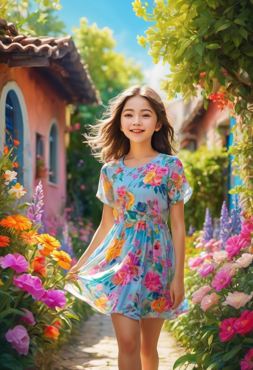 A cute girl with open legs, beautiful detailed eyes, and lips, wearing a colorful dress, standing in a vibrant garden with blooming flowers. The girl has a joyful expression on her face, and her long eyelashes add to her charm. The scene is captured in a vivid and realistic art style, resembling a high-resolution photograph. The colors are vibrant and the lighting is natural, creating a warm and inviting atmosphere. The image quality is of the highest standard, with ultra-detailed features and sharp focus. The girl's pose and the composition emphasize her innocence and playfulness. The overall artwork exudes a sense of happiness and brings out the beauty of the girl in a charming and delightful way.