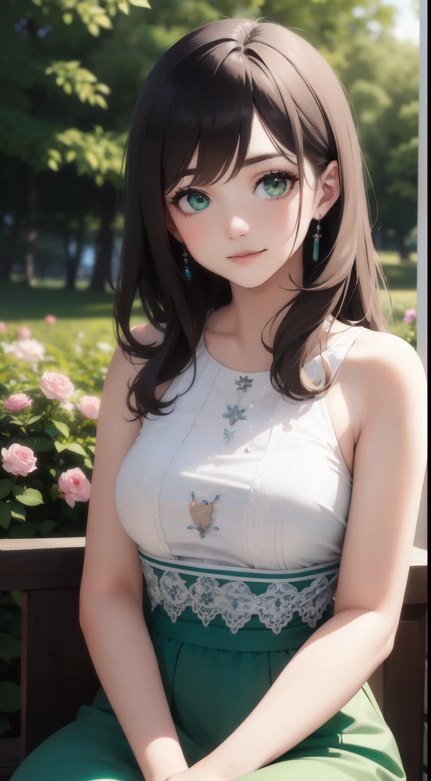 (masterpiece), (best quality), ultra high res, sharp focus, warm pastel tone, ((1 mature woman, solo)), upper body, medium long shot, MLS, beautiful detailed hair, chestnut brown hair, messy long hair, beautiful detailed face, ((beautiful shapes of eyes, green eyes)), perfect feminine face, happy face, smiles, look at the viewer,feminine light dress, in the beautiful morning, sitting on ground of the beautiful flowers meadow