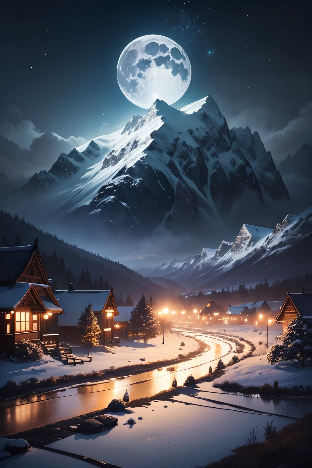 Generate a captivating digital artwork featuring Snow White as the central character, set in a tranquil nighttime scene. Place Snow White in the foreground, illuminated by the moon's soft glow. In the middle ground, depict an intricate agrarian landscape, including rustic farmhouses, fields, and winding paths. In the far distance, illustrate snow-covered mountains that stand under the moonlight. Ensure that the moon's reflection shimmers on the distant rice paddies, creating a harmonious and dreamy composition.