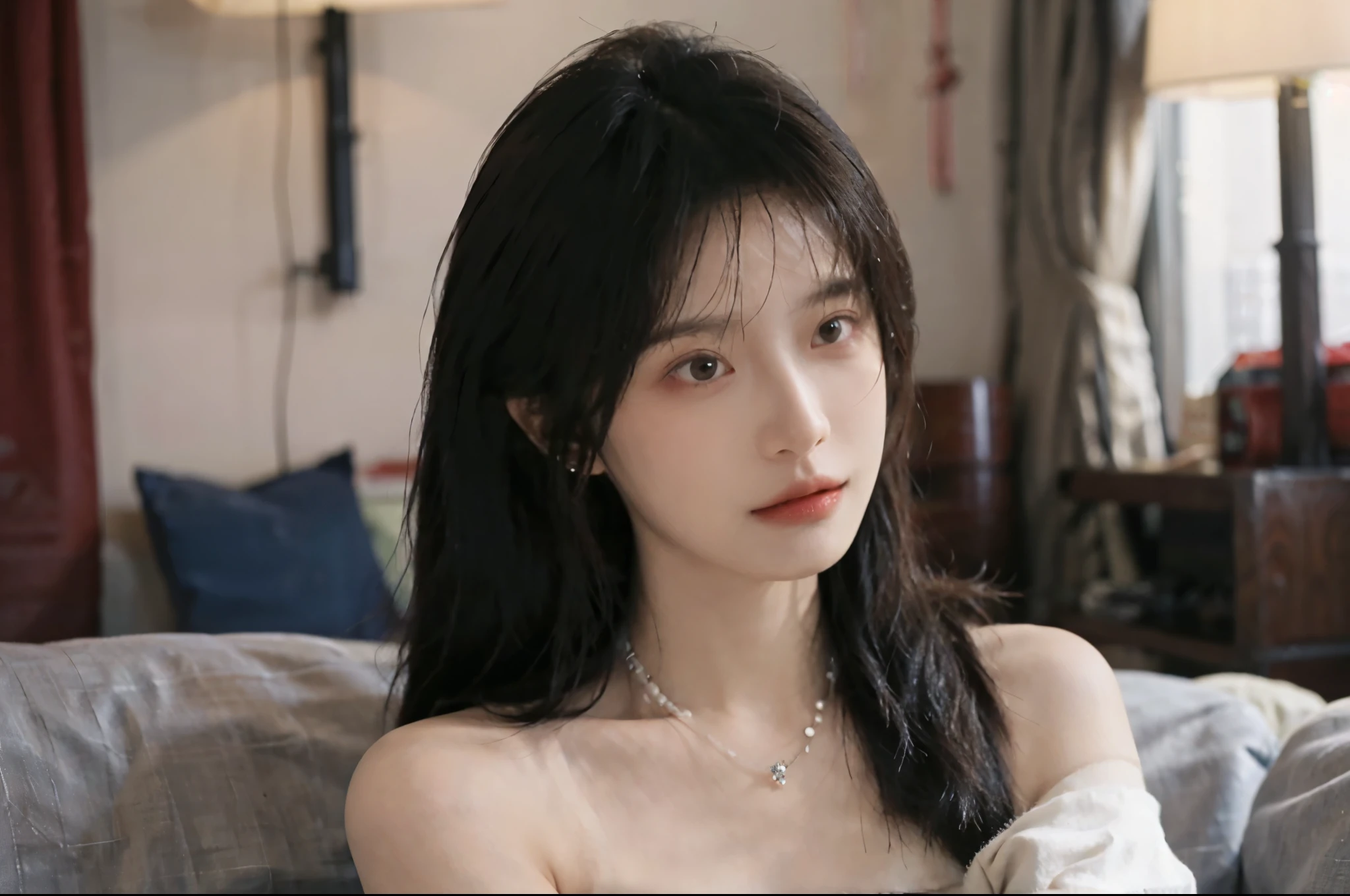 Film portrait photography, 1 girl, bare shoulders,lipstick,(flat chest:1.4), Shoulder length wavy hair, wear necklace,earrings,short sleeves,kissing forehead,serene, calm, (Realistic and detailed eyes, natural skin texture, Realistic facial details), Soft dramatic lighting, depth of field, Bokeh, Vibrant details, Detailed and detailed, surreal, 35mm film, hazy, ,