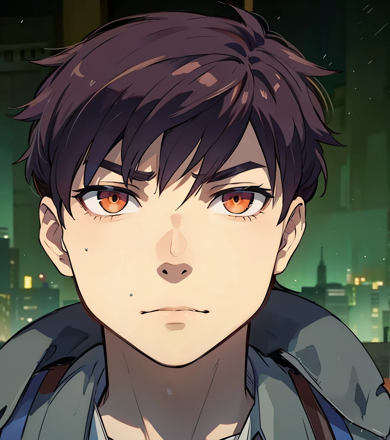 anime style, A guy squat at rooftop, outdoors, upper body, evil eyes, angry, brown eyes, devil, dark smoke, fire at city building, front view, focus on viewer, photo real, ultra detailed, masterpiece, ultra high quality, ultra high resolution, ultra realistic, ultra reflection, ultra lighting, detailed background, dramatic lighting, low key, dark tone, 8K