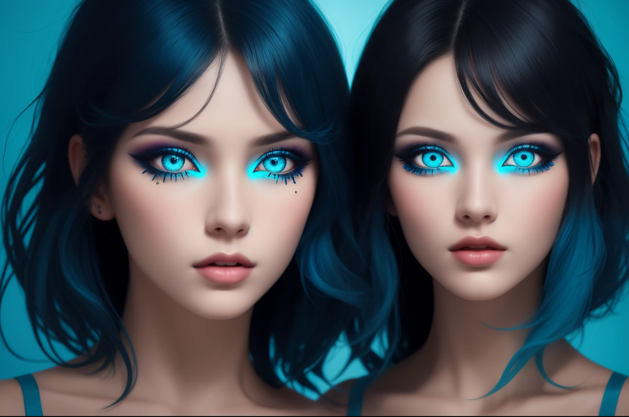 Two beautiful girl, half body portrait, short bright blue disheveled hair, black eyeshadow, light blue background, dark makeup, digital art, symmetric azure eyes, beautiful gemini twins portrait, symmetry balance, highly detailed, fine detail, intricate, beautiful detailed glow, detailed, Cinematic light, highres, detailed facial features,sharp focus, smooth, aesthetic, Symmetry