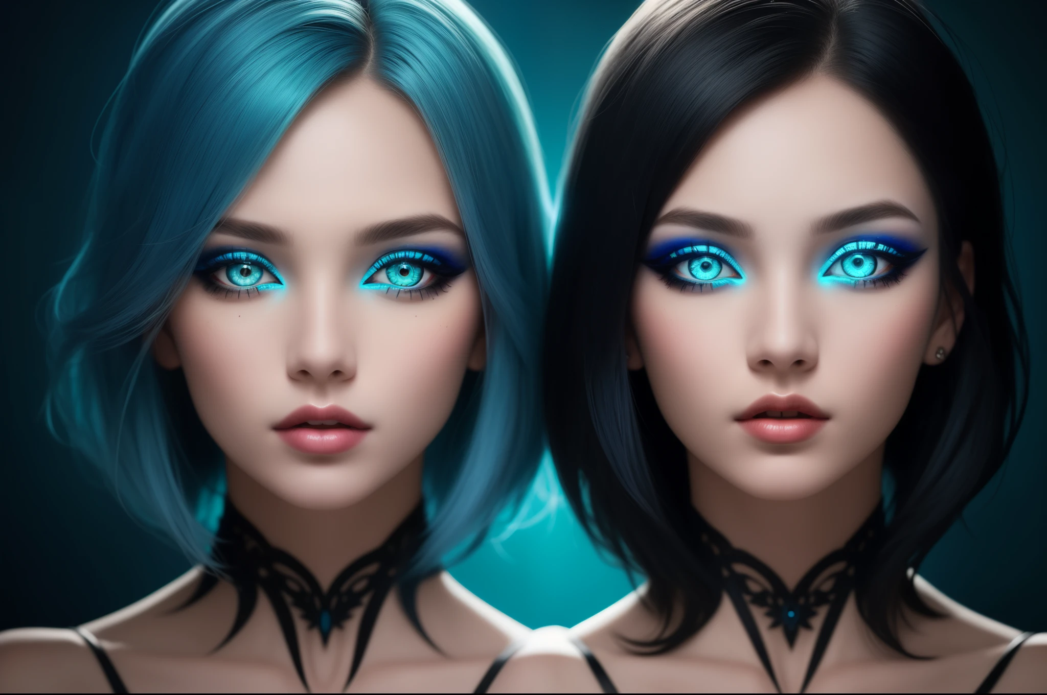 Two beautiful girl, half body portrait, short bright blue disheveled hair, black eyeshadow, light blue background, dark makeup, digital art, symmetric azure eyes, beautiful gemini twins portrait, symmetry balance, highly detailed, fine detail, intricate, beautiful detailed glow, detailed, Cinematic light, highres, detailed facial features,sharp focus, smooth, aesthetic, Symmetry