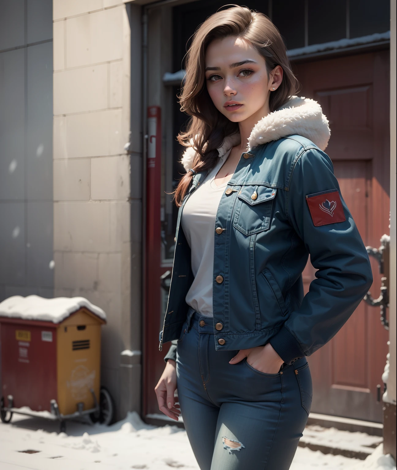 An arafe woman wearing jeans and a jacket standing in front of a building, Inspired by Elsa Breda, Photo Alexei Gurilev, standing outside a house, in front of the garage, realistic art style, In the style of hyperrealism, Photo Alexei Krylev, stand on the street, realistic style, Matte Paint Portrait Shot, cold, in the snow