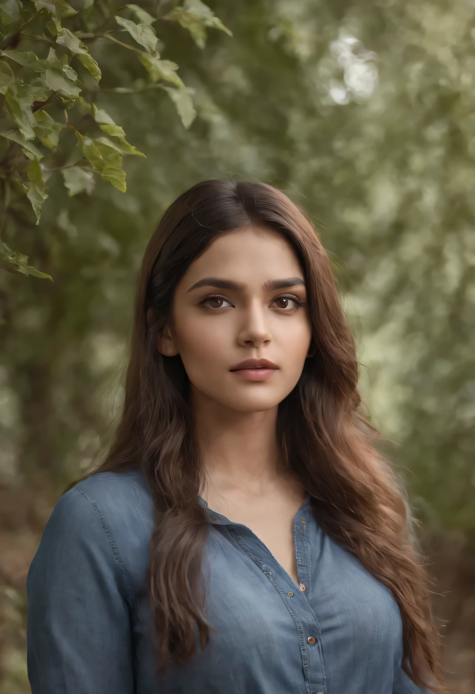 Hyperrealist portrait of female, fantasy art, photo realistic, dynamic lighting, artstation, volumetric lighting, very detailed faces, 4 k, award winning, beautiful girl at 18, low key, long hair, Indian Woman, look at viewer, long hair, shirt, jeans, cloud, day, sky,outdoors, post-apocalypse, ruins, scenery, tree, water, a full body shot