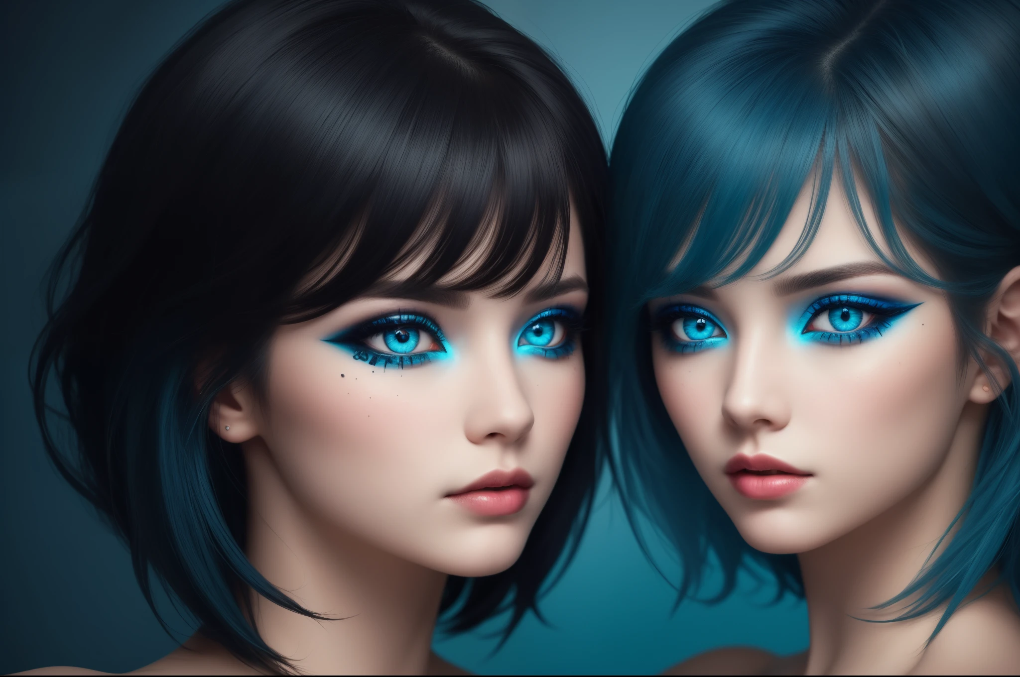 Two beautiful girl, half body portrait, short bright blue disheveled hair, black eyeshadow, light blue background, dark makeup, digital art, symmetric azure eyes, beautiful gemini twins portrait, symmetry balance, highly detailed, fine detail, intricate, beautiful detailed glow, detailed, Cinematic light, highres, detailed facial features,sharp focus, smooth, aesthetic, Symmetry