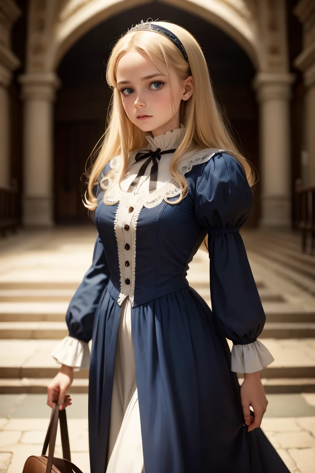 Virginia Otis, (blond hair, blue eyes), thin, cute face, walks at night in Canterville Castle (inspired by the novel The Canterville Ghost). aged 1887, Victorian dark fantasy