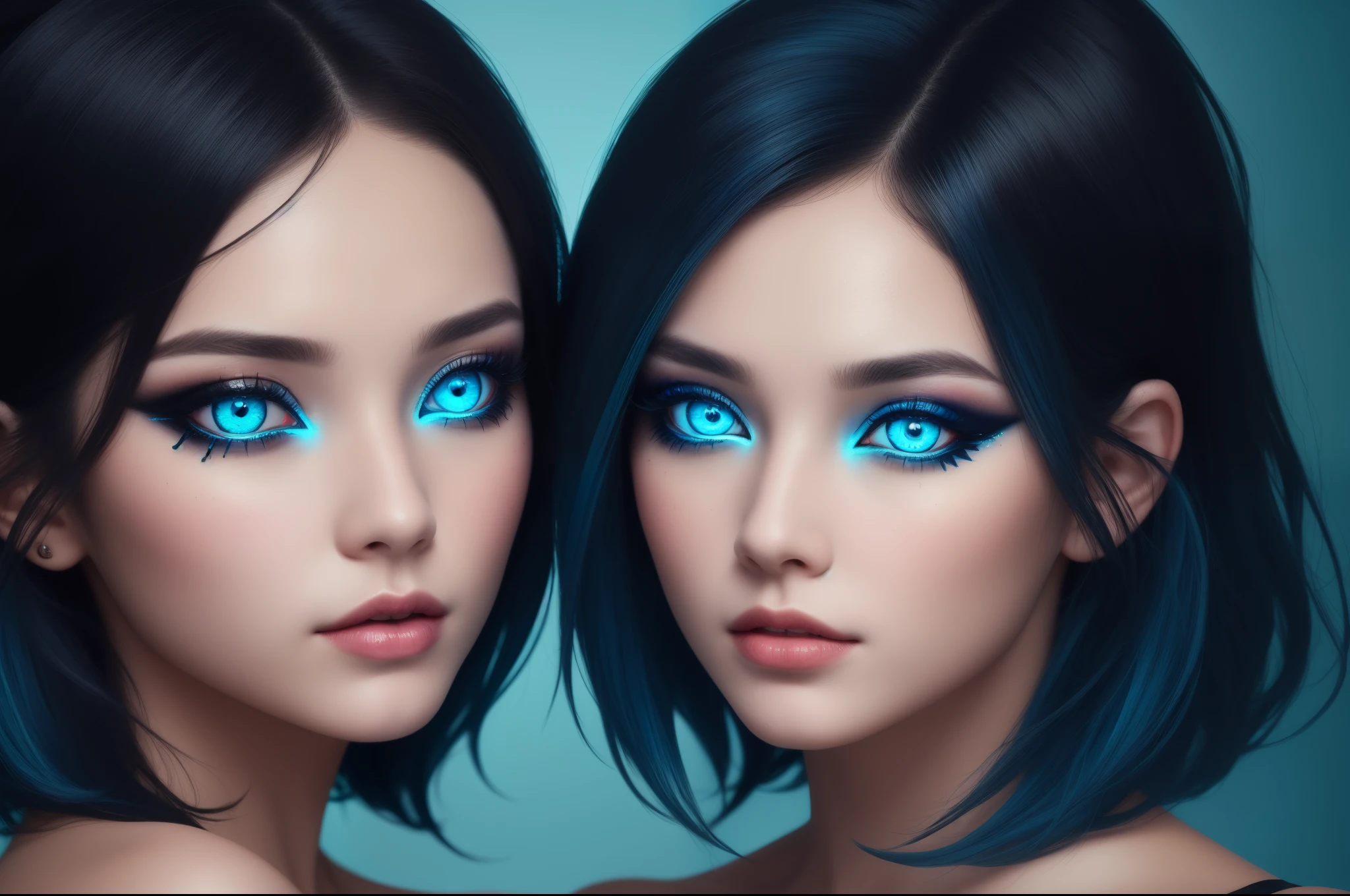 Two beautiful girl, half body portrait, short bright blue disheveled hair, black eyeshadow, light blue background, dark makeup, digital art, symmetric azure eyes, beautiful gemini twins portrait, highly detailed, fine detail, intricate, beautiful detailed glow, detailed, Cinematic light, highres, detailed facial features,sharp focus, smooth, aesthetic, Symmetry