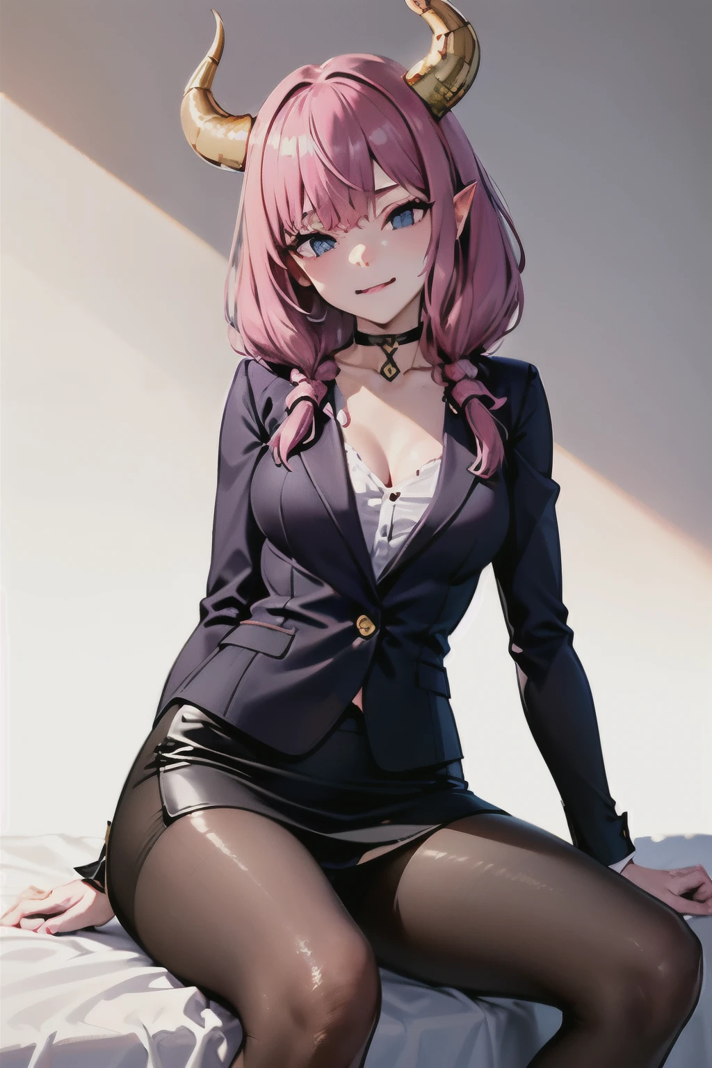very delicate and beautiful girl,8k wallpaper,masterpiece,danntoudainoaura,Bedroom,1 girl,alone,devil's horns,devil girl,long hair,medium breasts,(OL Clothes),((pantyhose)),pumps,choker,((pencil skirt)),(sit on bed),looking at the viewer、Photo from below、((sit cross-legged))、((business suit))、((mini skirt))