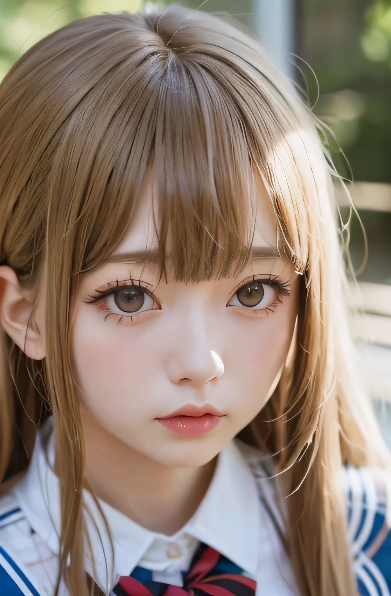bright look、photorealism、highest quality、超A high resolution、photograph、最も美しい北欧の女の子のphotograph、cute and beautiful face details、(face to face with the children_v1:0.008)、美しいbangs、alice in wonderland、18-year-old、radiant white skin、hair sticks to face、顔まで伸びるbangs、bangs、hair between eyes、super long hair、Attractive bright natural blonde super long straight silky hair、thin hair、Charming and shining beautiful bright and clear light blue big eyes、school uniform、school uniform、double eyelid、plump breasts、O cup 、big breasts、big breasts