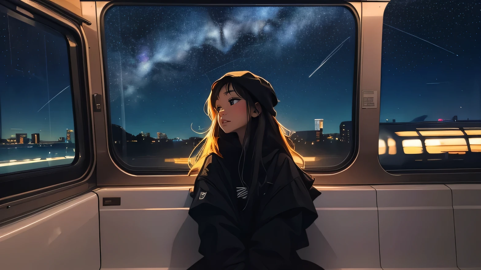 train,  Sit by the window,  take a pensive posture, look at the stars, My head got stuck in the glass, Scenery passing by at high speed, night trip, beautiful starry sky, Beautiful girl, UHD Portraits, (high quality) (ultra detail) Looking at viewers wearing hip-hop style streetwear; different, fancy, fancy 긴 머리 🌈