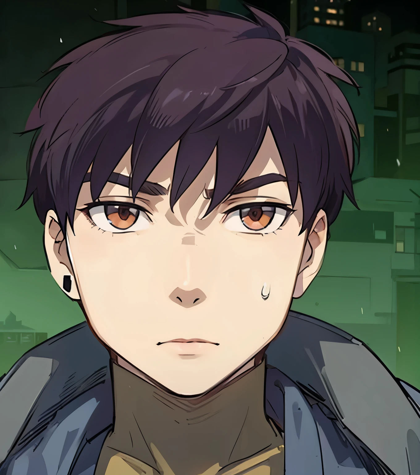 anime style, A guy squat at rooftop, outdoors, upper body, evil eyes, angry, brown eyes, devil, dark smoke, fire at city building, front view, focus on viewer, photo real, ultra detailed, masterpiece, ultra high quality, ultra high resolution, ultra realistic, ultra reflection, ultra lighting, detailed background, dramatic lighting, low key, dark tone, 8K