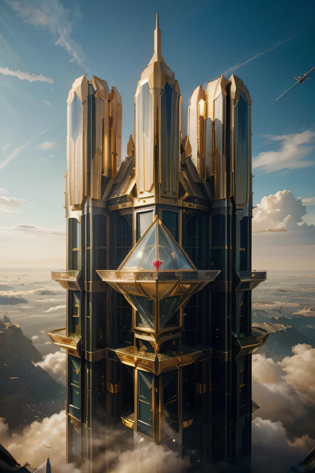 Fantasy, ((In the style of Greg Rutkowski)), Heavenly Angels, ((New Heaven, New Earth)), ((Futuristic architecture)): Celestial Mansions of Gold and Crystal rising above vibrant forests, inhabited by magical creatures and luminous energy. The crystal rooftops reflecting the golden sunrays, casting a spectacle of light across the landscape.
Fantasy: ((Greg Rutkowski style)), ((Clouds in the skies)), ((Futuristic architecture)), Glory of God, Power and Honor, (Army of Angels), (Retrofuturism), (cottagecore), ( all of pure gold), ((Inspired by H.R. Giger)), (mist close to the ground, rolling in the distance), ((glorious splendor rolling)), Celestial City of Gold and Resplendent Crystal
Fantasy: ((Greg Rutkowski style)), ((Clouds in the skies)), ((Futuristic architecture)), Glory of God, Power and Honor, (Army of Angels), (Retrofuturism), (cottagecore), ( all of pure gold), ((Inspired by H.R. Giger)), (mist close to the ground, rolling in the distance), ((equal height, length, and width)), ((rolling glorious splendor)), Celestial City of Gold and resplendent crystal
/imagine prompt: A gigantic city, (Spaceship), (Cube shape), ((gold and crystal)), (Futuristic Architecture,Middle Eastern), ((Hanging Gardens)), damask pattern, gold, jade, jasper, quartz, rose gold, sapphire, akos major, aerial photography, full body shot, fantastic realism, angelcore, hyper realism, dreamy glow, floodlight
/imagine prompt: A gigantic city, (Spaceship), (Cube shape), ((gold and crystal)), (Futuristic, Middle Eastern architecture), (Hanging Gardens), (Very Tall Towers), damask pattern, gold, jasper, sapphire, quartz, rose gold, akos major, aerial photography, full body shot, fantastic realism, golden hour
Fantasy: ((Greg Rutkowski style)), ((Clouds in the skies)), ((Futuristic architecture)), (Inspired by Middle Eastern architecture),  Glory of God, Power and Honor, (Army of Angels), (Retrofuturism), (cottagecore), ( all of pure gold), ((Inspired by H.R. Giger)), (mist close to the gro