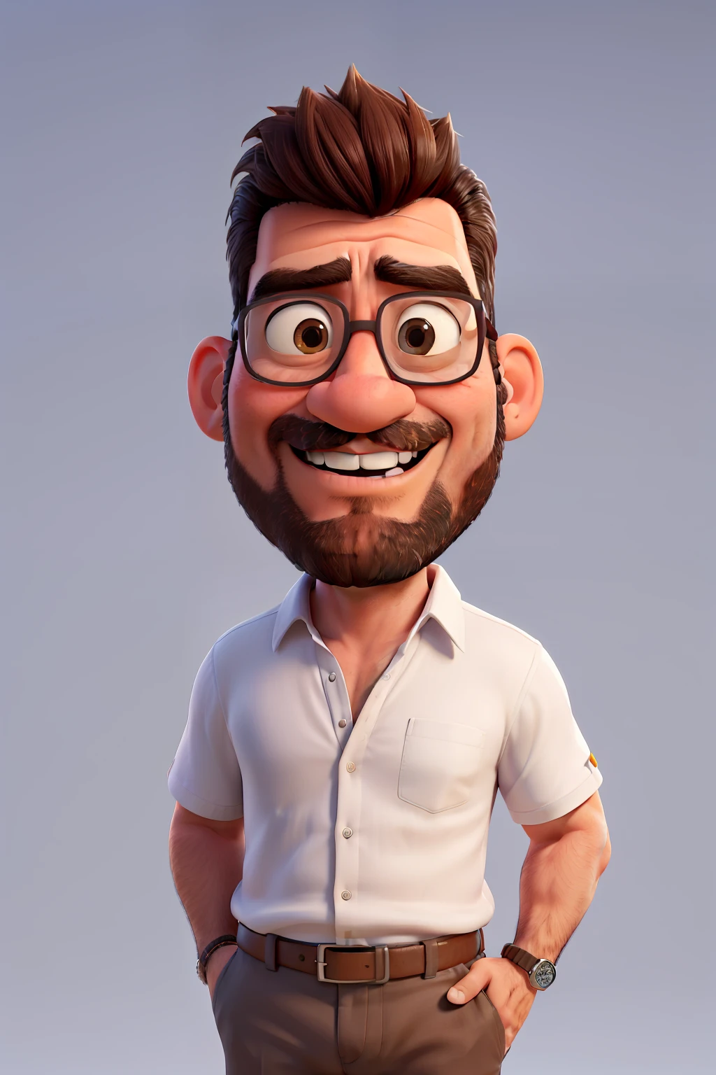 3d portrait image of a middle-aged Latino accountant, wearing a white button-down t-shirt, with a beard, from the front, half-length, pixar style