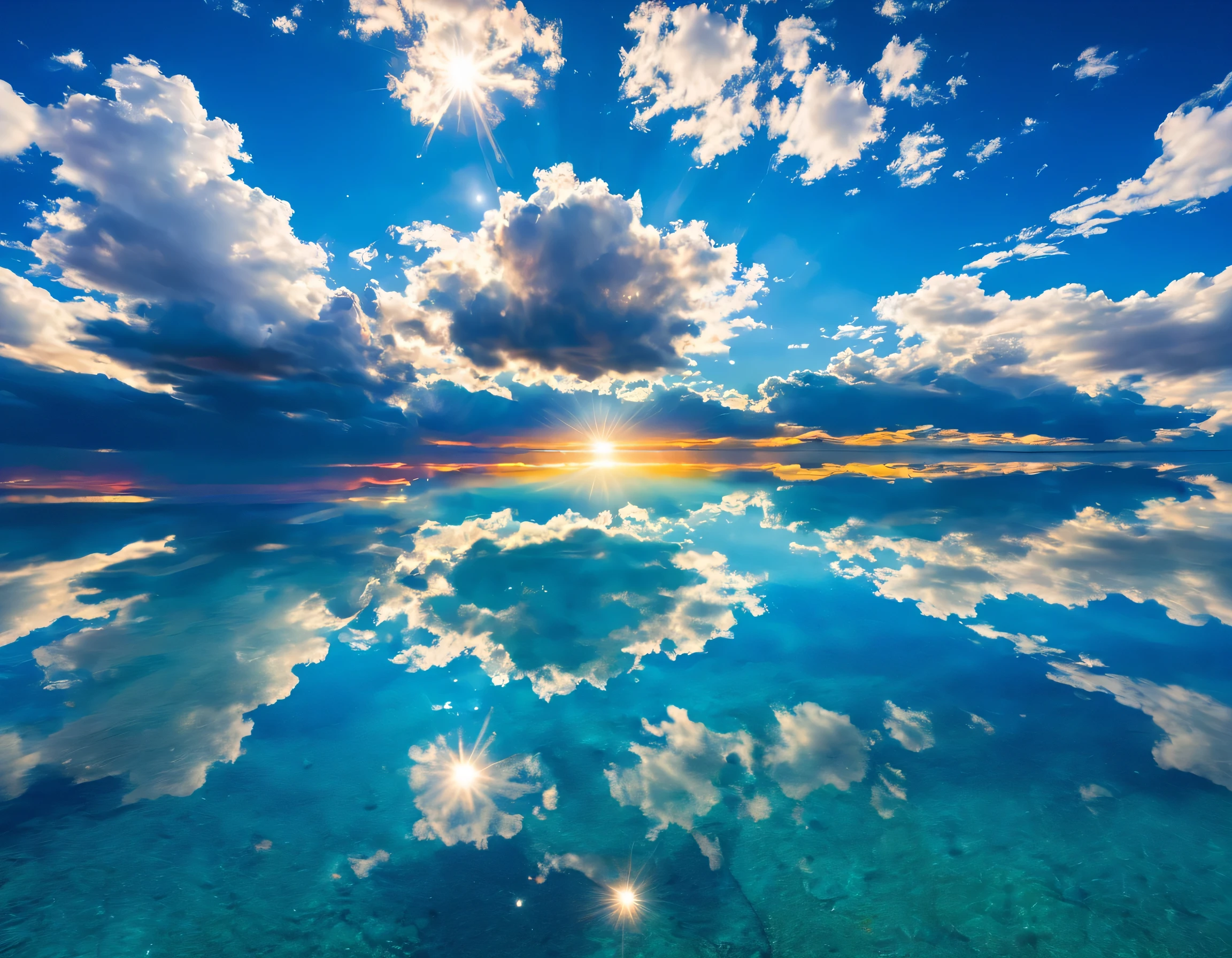 The sky is reflected in the mirrored sea,reflection,symmetry,Uyuni,,A beautiful sky spreads out,dream-like,summer,cloud,sky blue,Marine blue,wonderful景色が広がります,,Highestの時間をあなたに,Highest品質,photograph,structurally correct,perfect composition,広告用に撮影されたphotograph,beautiful light and shadow,Photographed by a professional photographer,Highestの景色に選ばれた,rich colors,Cast colorful spells,become familiar with,wonderful,wonderful,light effect,Sparkling,reflection,night,night空,star,Highest