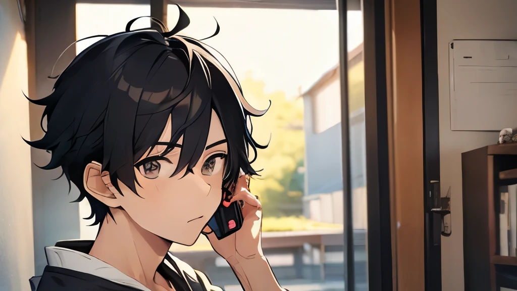 Male 24 years old、hair is black、short hair、Otaku-like、one's home、making a phone call
